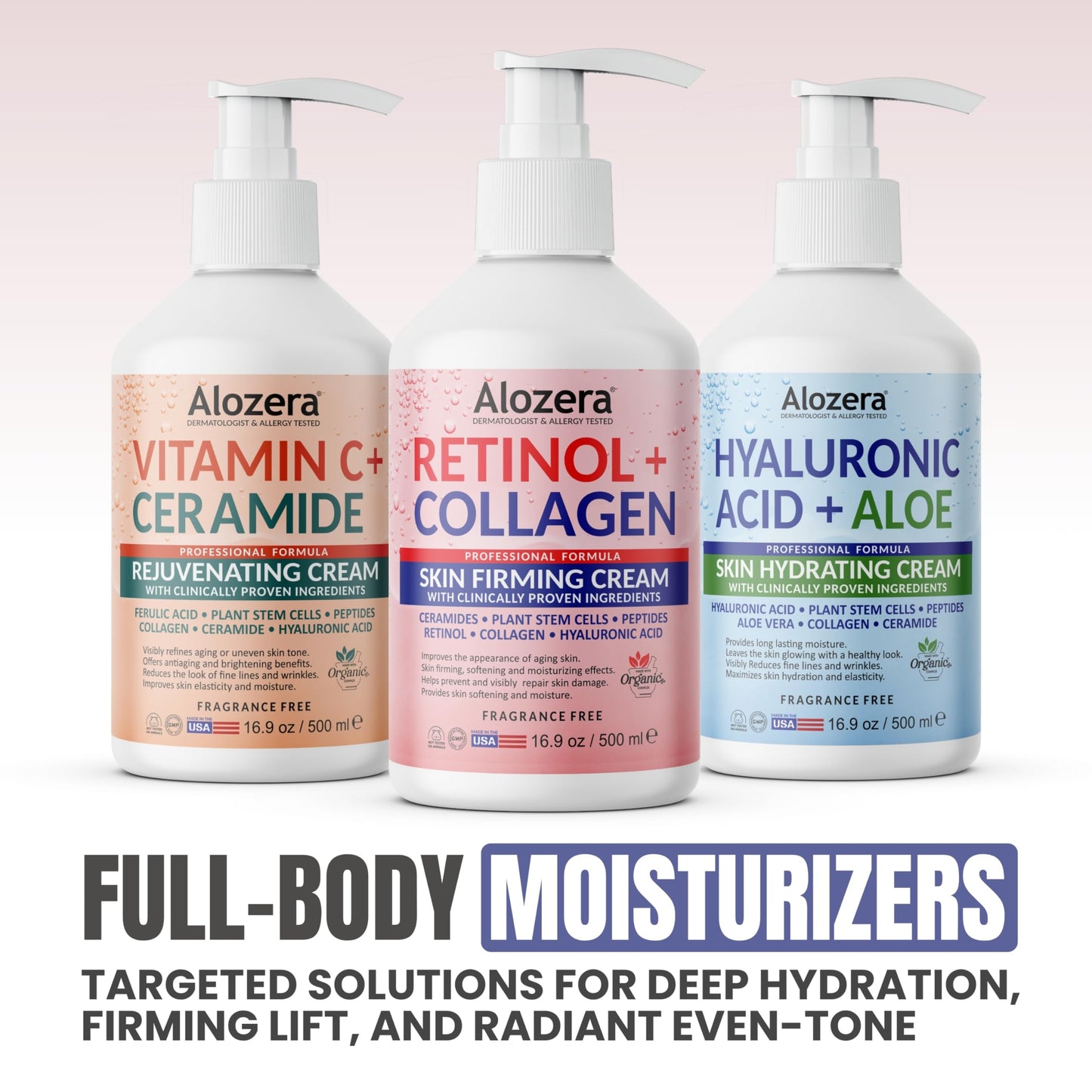 Alozera Firming Body Lotion with Retinol & Collagen, Anti-Aging Body Moisturizer Cream for Crepey Skin, Improves Skin Elasticity, Lightweight & Fast Absorbing, No Added Fragrance, 16.9 Ounce (2-Pack)