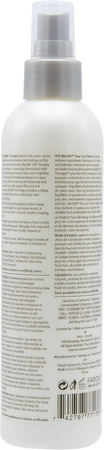 BioSilk for Dogs Detangling & Shine Spray - pH Balanced Leave-In Mist with Silk & Vitamins | 8 Fl Oz