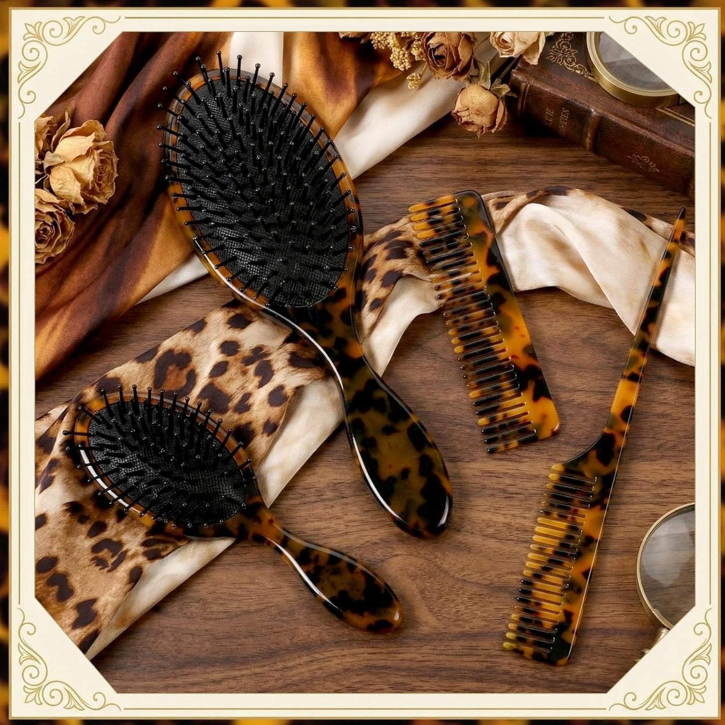 Tortoise Shell Hair Comb Set - Cellulose Acetate Paddle Detangler & Wide Tooth Comb | Grooming Tools for All Hair Types