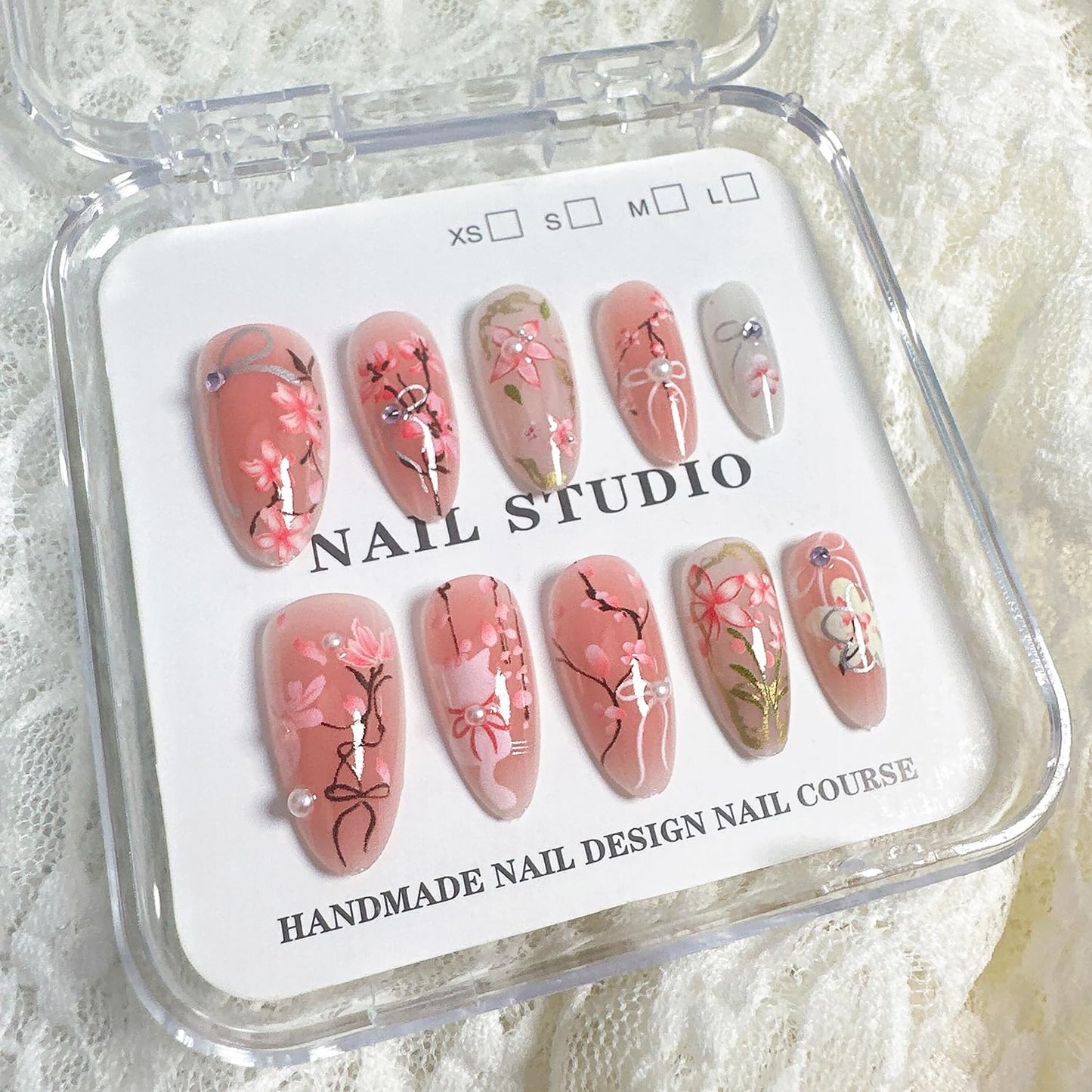 30Pcs Pink Flower Press on Nails Medium Almond Fake Nails with 3D Pearl Rhinestones Designs Glue on Nails Peach Blossom Acrylic Nails Cute Cat False Nails Bow Stick on Nails for Women Nail Supplies