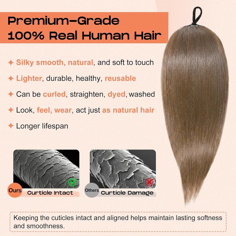 Cheer Ponytail Hair Piece - 100% Real Human Hair 16" Straight Extension | Smooth Natural Chocolate Bronzed