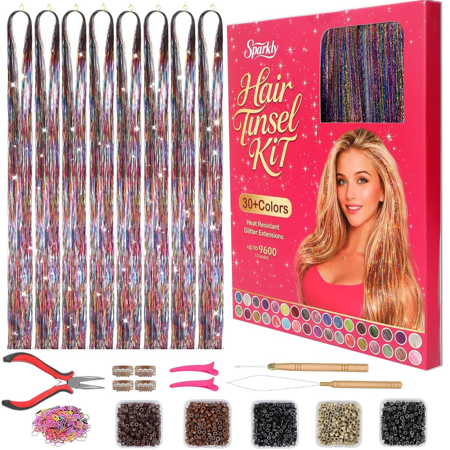 Hair Tinsel Kit - 8700+ Strands in 20 Colors | 48-Inch Heat Resistant Holographic Extensions for Festivals & Parties
