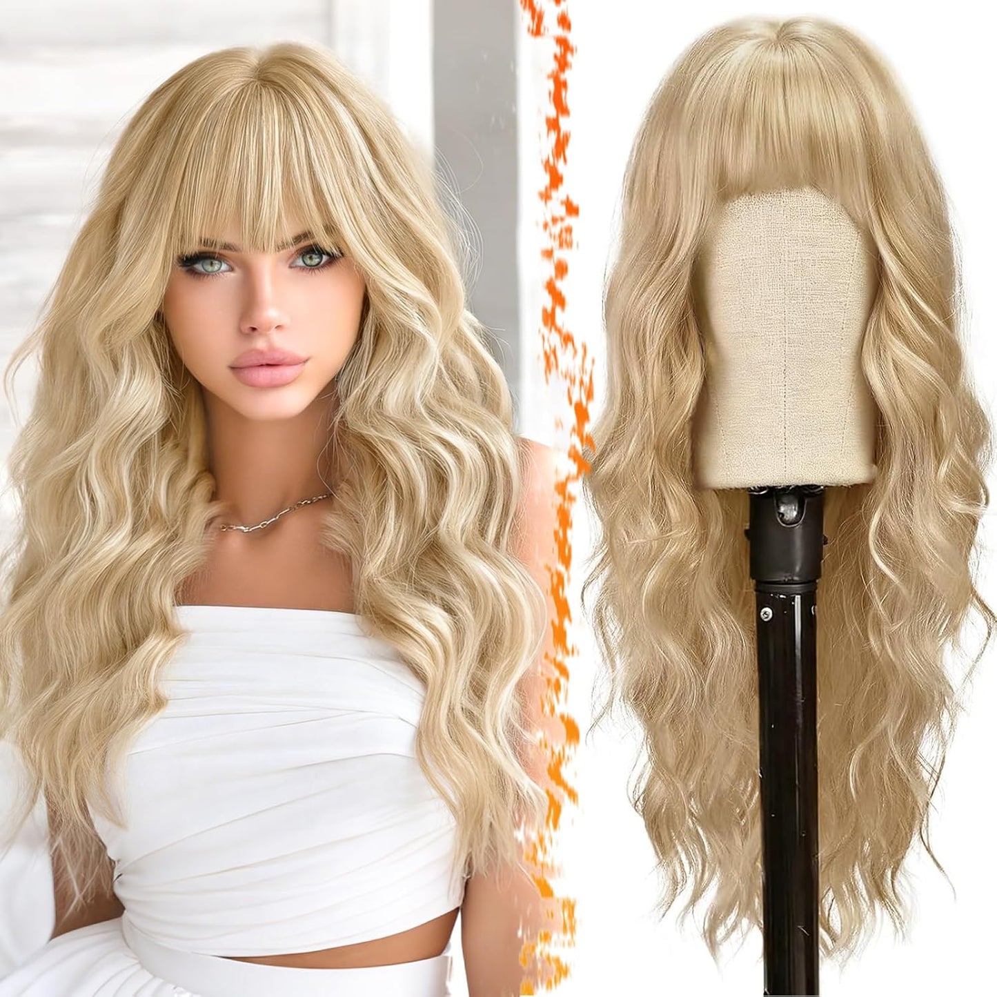 Long Wavy Blonde Curtain Bangs Wig - 26" Synthetic Ombre Wig with Dark Roots | Soft Natural Look