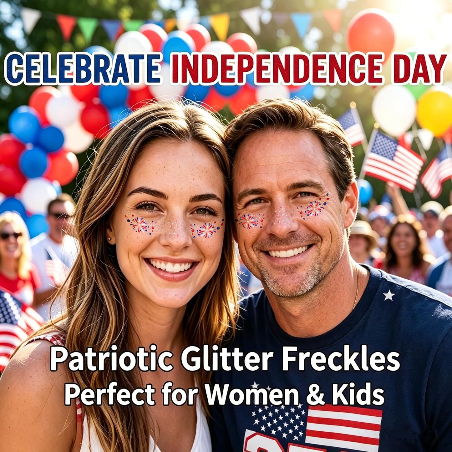 Red White and Blue Glitter Freckles Face Tattoos - 6PCS Patriotic Sparkle Stickers for 4th of July | Independence Day Decor