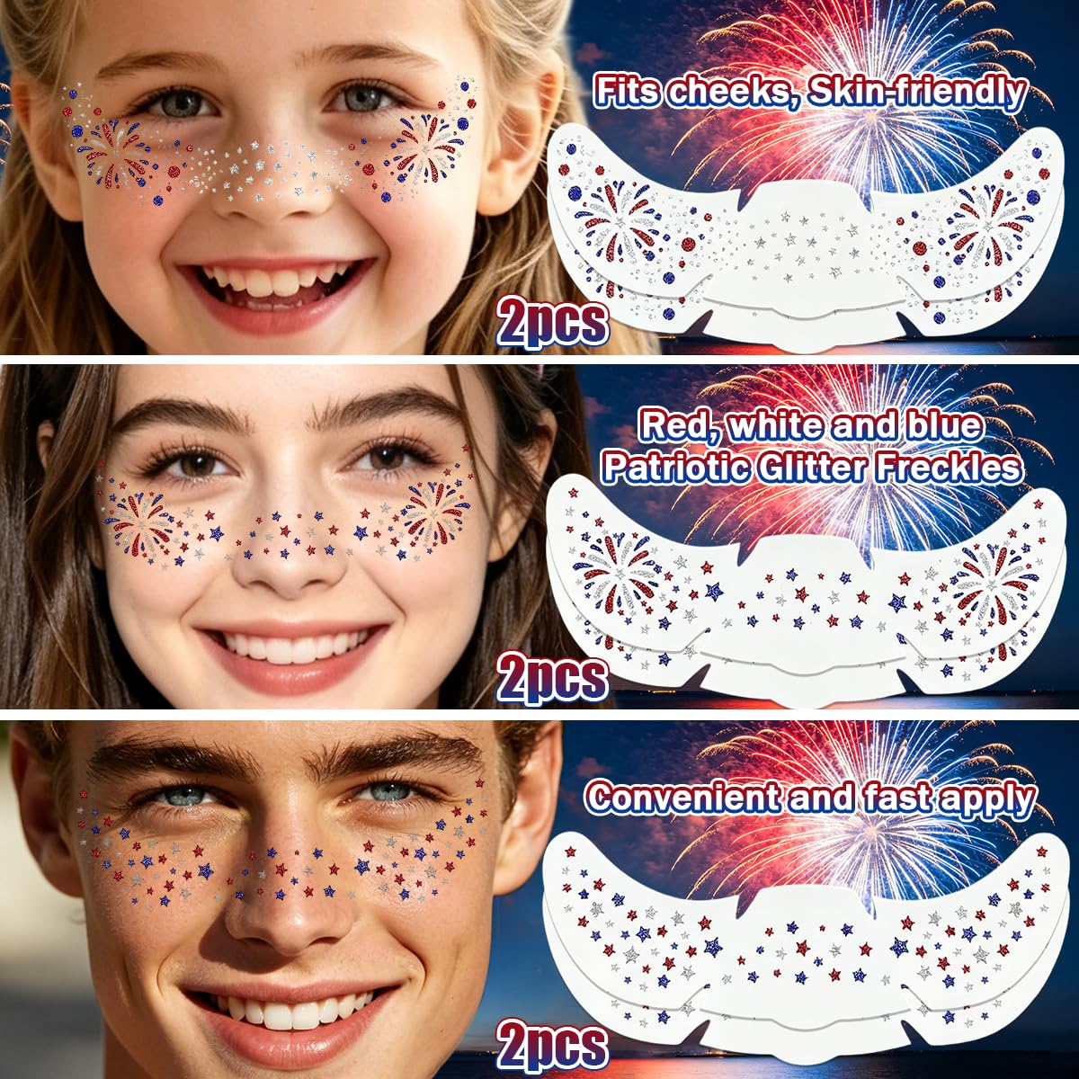 Mysense Waterproof 4th of July Temporary Tattoos - Red, White & Blue Glitter Face Stickers | Easy Application, 6 Sheets