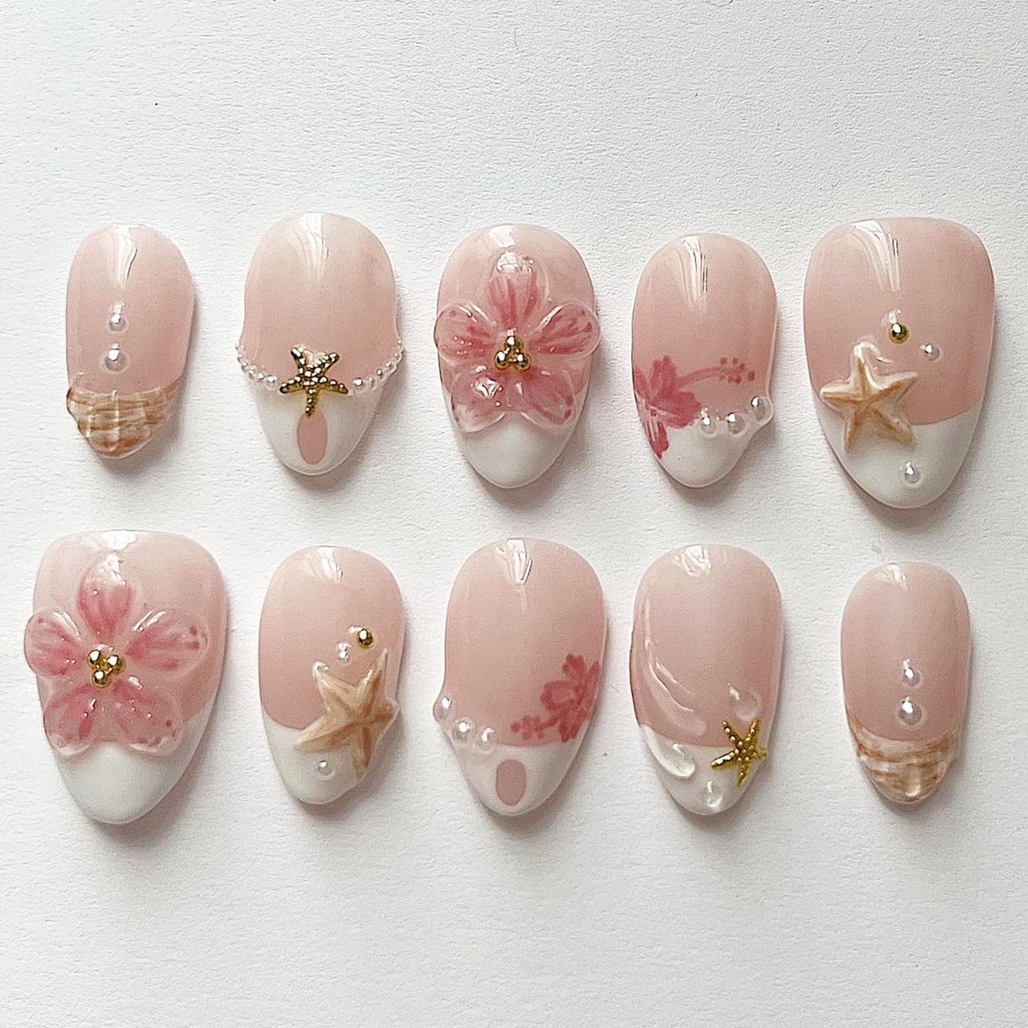 Press-On Nails - 30 Pcs Pink Flower French Tip Design | Short Almond 3D Floral Full Cover Acrylic Set