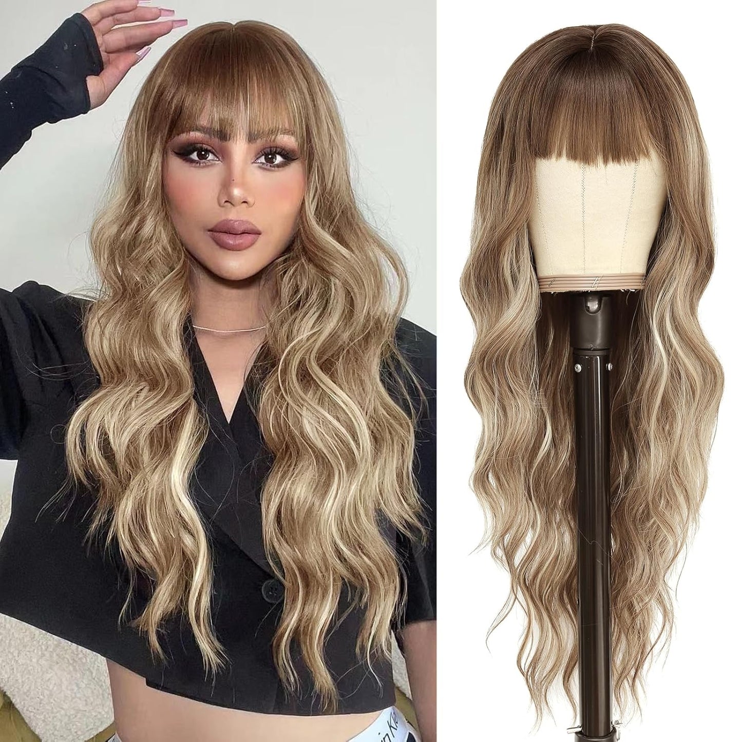 NAYOO Brown Wigs for Women - Long Curly Wavy Hair | Heat Resistant Synthetic Fiber, 24 Inches