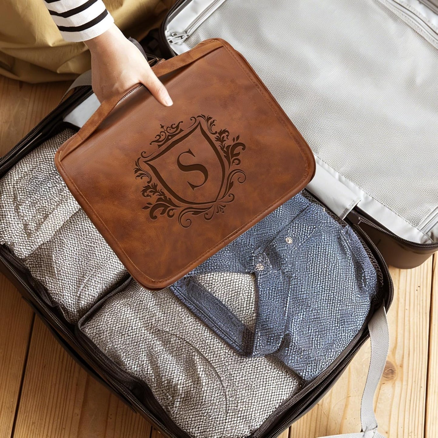 Personalized Toiletry Bag for Men - Large Waterproof PU Leather | 3-in-1 Shaving Kit with Laser-Engraved Initials - Light Brown M