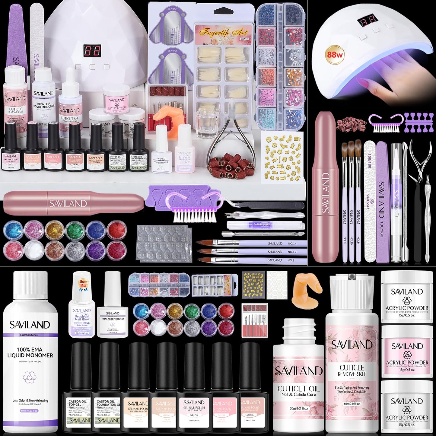SAVILAND Essentials Acrylic Nail Kit For Beginners: Ultimate All-In-1 Acrylic Set with EMA Monomer Practice Finger Nail Drill U V Light Full Tools For Women Gift