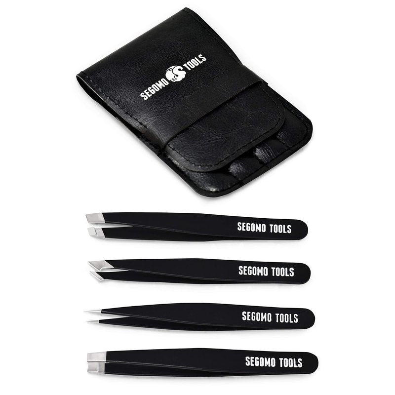 Segomo Tools 4 Piece Tweezer Set - Tweezers For Women - Ingrown Hair Removal Kit - Eyebrow Plucker - Precision Tweezers - Flat, Angled, Slant & Pointed Tweezers - TW004