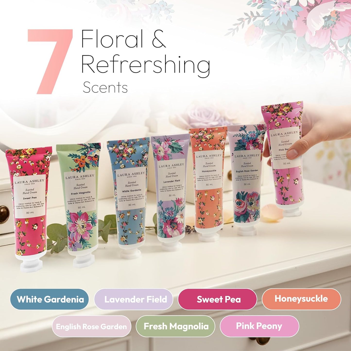 Laura Ashley Hand Cream Set | 7-Piece Moisturizing Lotion Collection for Dry Skin - Travel Size 30ml Each with Rose, Lavender & Floral Scents