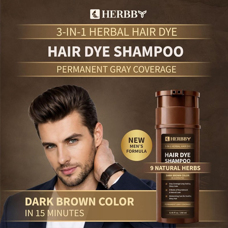 Hair Color Shampoo for Gray Coverage | 9 Herbal Extracts, Long-Lasting Dark Brown, 250ml