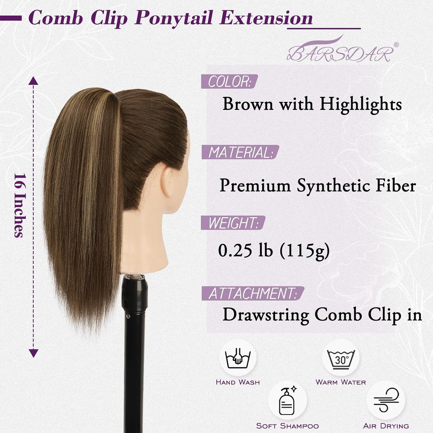 Straight Drawstring Ponytail Extension - 16 Inch Soft Synthetic Hairpiece for Daily Wear | Brown with Blonde Highlights