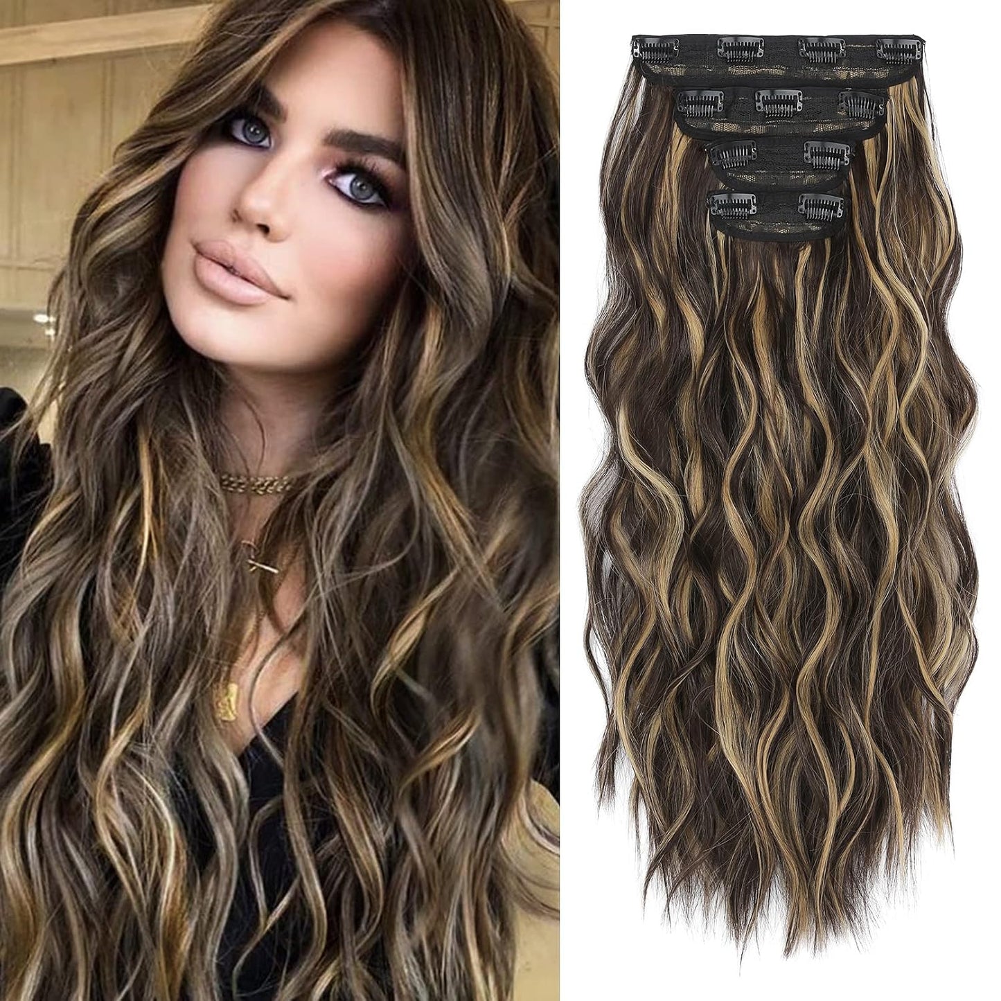 Clip-In Hair Extensions - 4PCS Natural Soft Synthetic Hairpieces for Women | Chocolate Brown