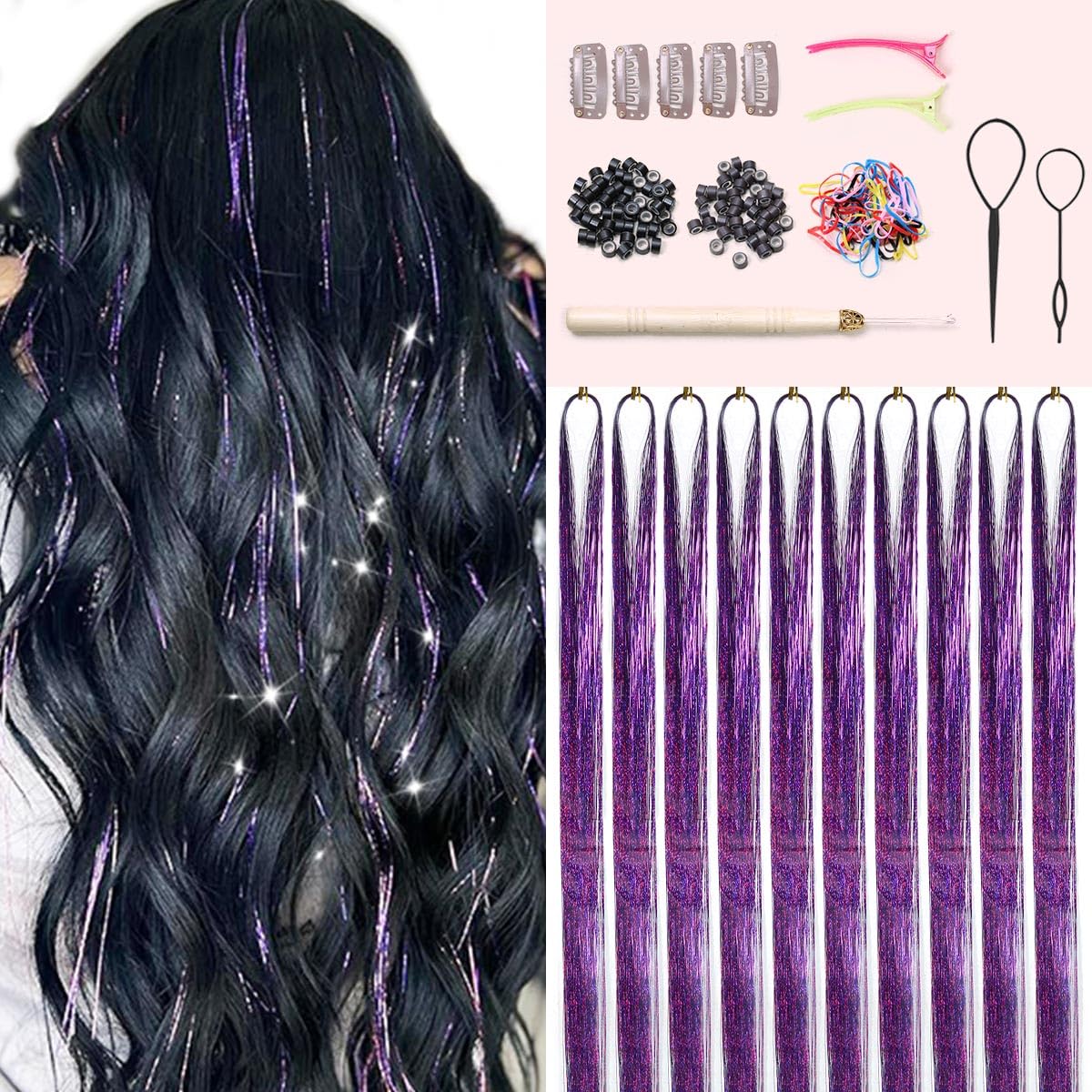 Hair Tinsel Kit - 20 Colors Fairy Tinsel Hair Extensions | Heat Resistant Glitter Accessories for Teens (48 Inch)