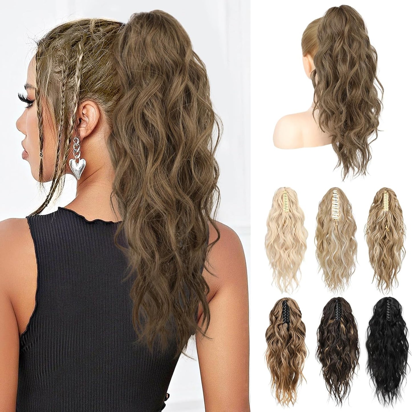 Ponytail Extension - 18" Wavy Claw Clip Hairpiece | Synthetic Curly Ponytail - Black Brown