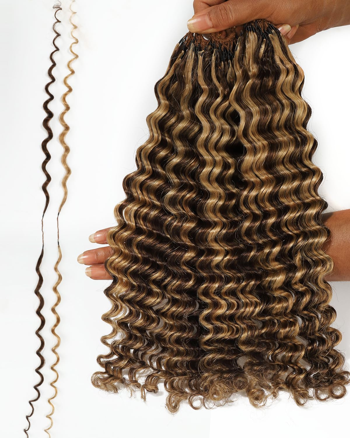 BEEOS Highlights Human Crochet Hair P4/27, Deep Wave Pre-Separated Miracle Knots Feather Crochet Hair for Women, Brown with Honey Blonde 16 Inch 5 PCS 125 Strands