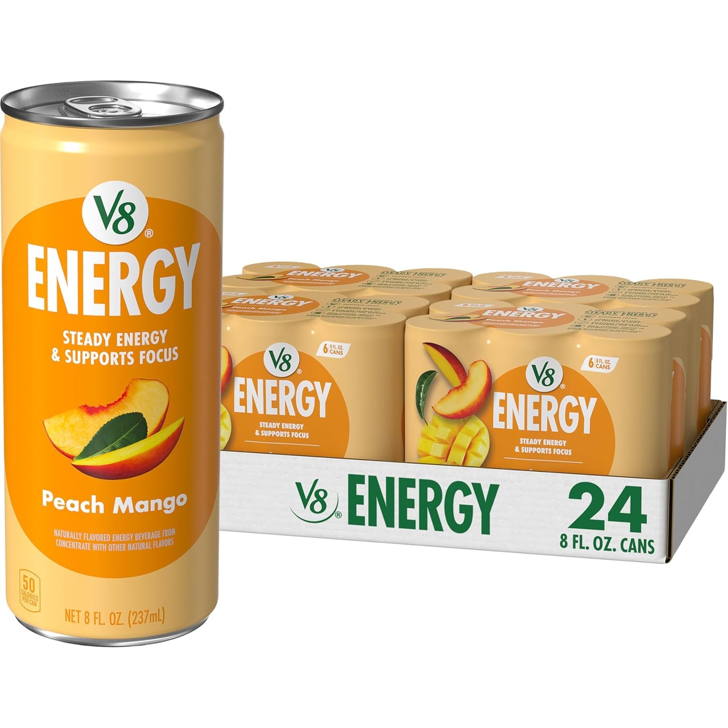 V8 Energy Peach Mango Energy Drink - 8 Fl Oz Can | 24 Pack of Refreshing Energy Boost
