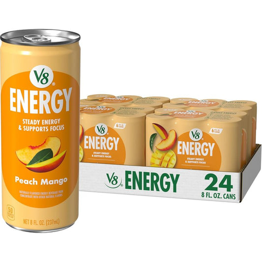 V8 Energy Peach Mango Energy Drink - 8 Fl Oz Can | 24 Pack of Refreshing Energy Boost