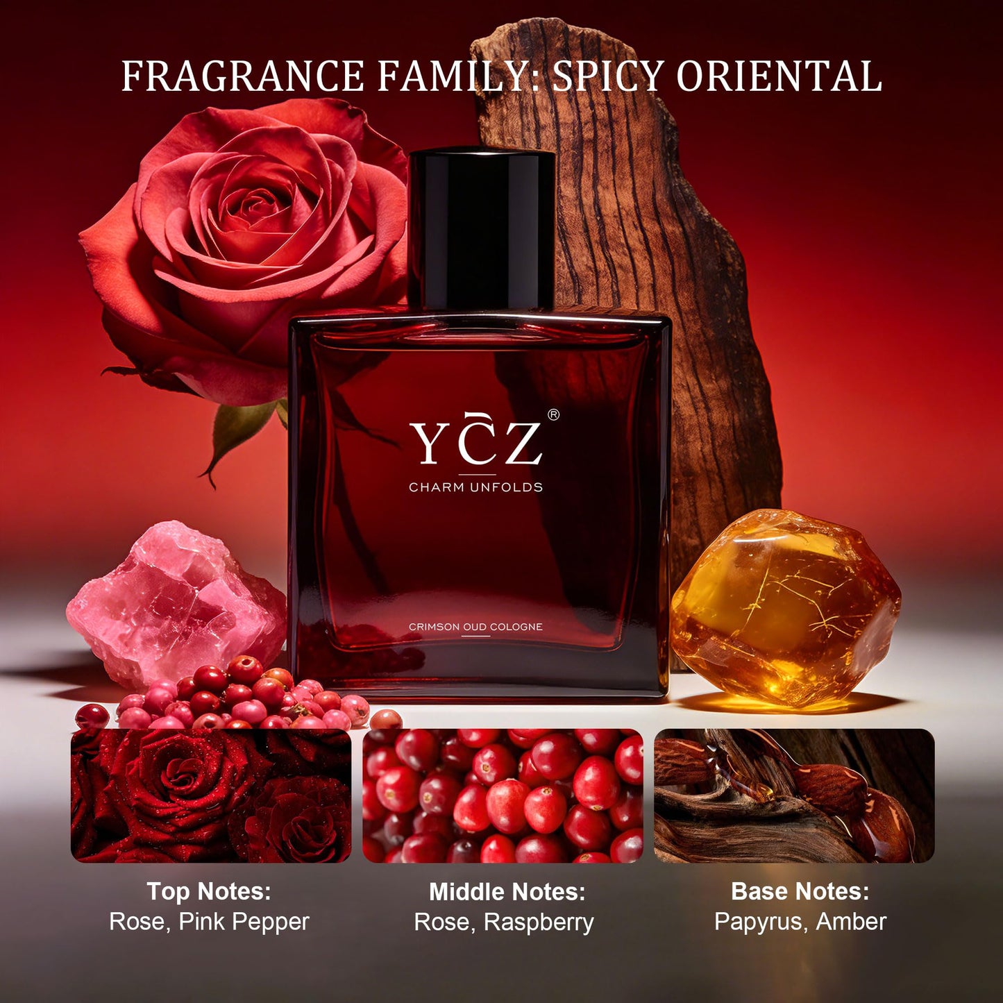 Ycz CRIMSON OUD Cologne for Men - Eau De Parfum - 1.7oz Long-Lasting Unique Oriental Woody Perfume with Rose, Raspberry, Papyrus & Amber, Ideal for Everyday Use and Special Occasions
