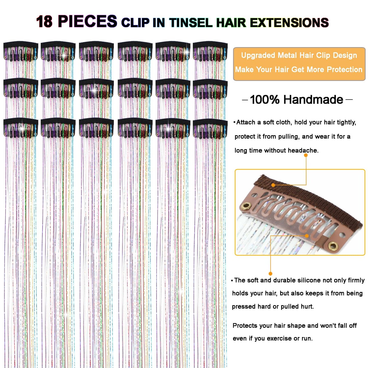 AIFIHIYI Hair Tinsel Clip in 18 Pcs Colorful Clip In Tinsel Hair Extensions, Fairy Hair Tinsel Clips in Glitter Hair Tinsel Kit Accessories for Girls Women Festival Party Daily Use (Colorful-18Pcs)