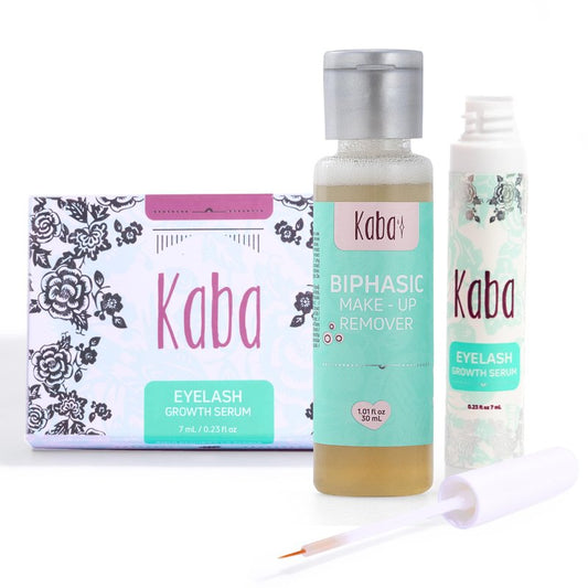 Kaba Eyelash Growth Serum for Longer, Thicker & Stronger Eyelashes with Essential Oils. Dermatologist Tested. Includes Makeup Remover Oil - Improved Formula