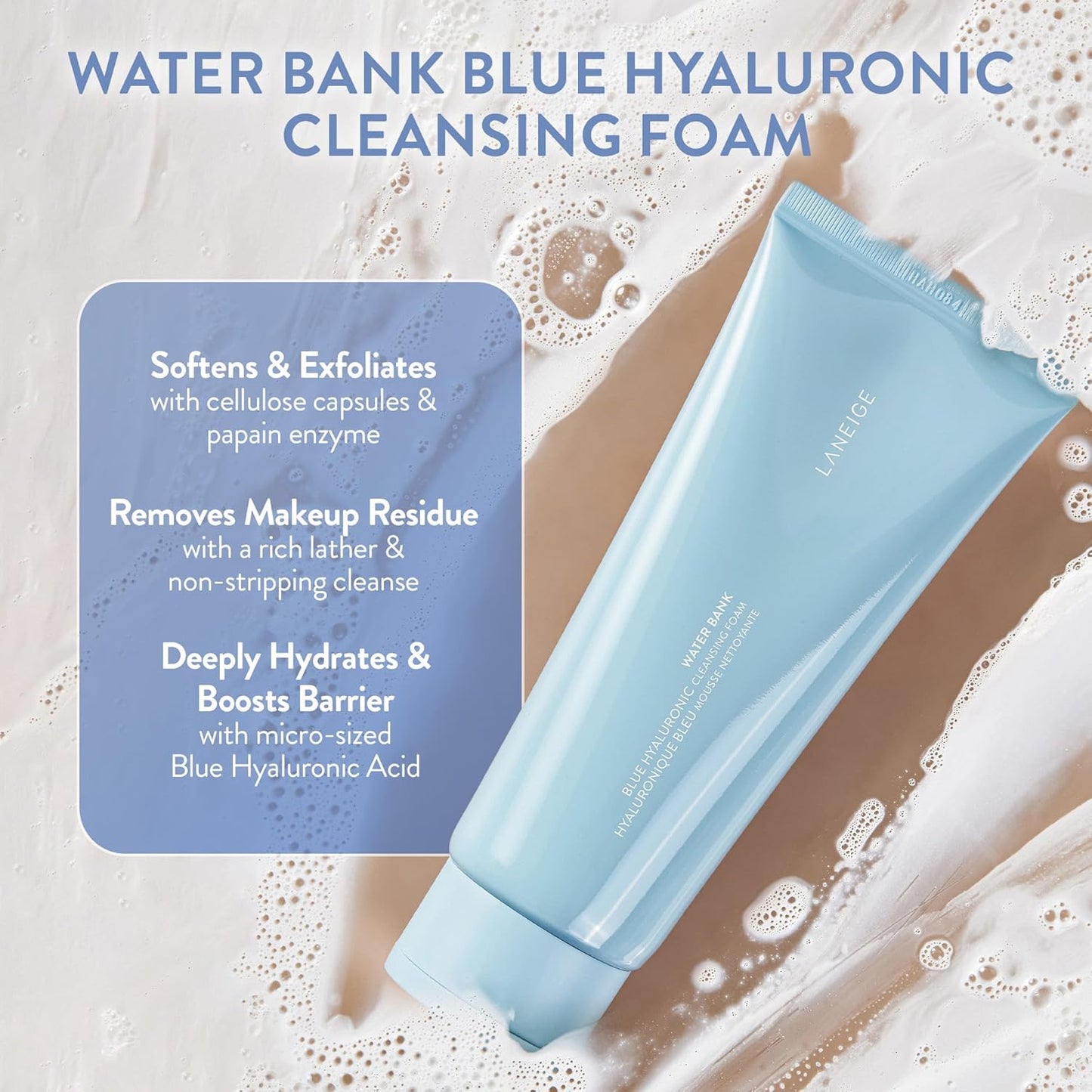 LANEIGE Water Bank Cleansing Foam - Hydrating Face Wash & Makeup Remover with Hyaluronic Acid | Smooth, Soft Skin