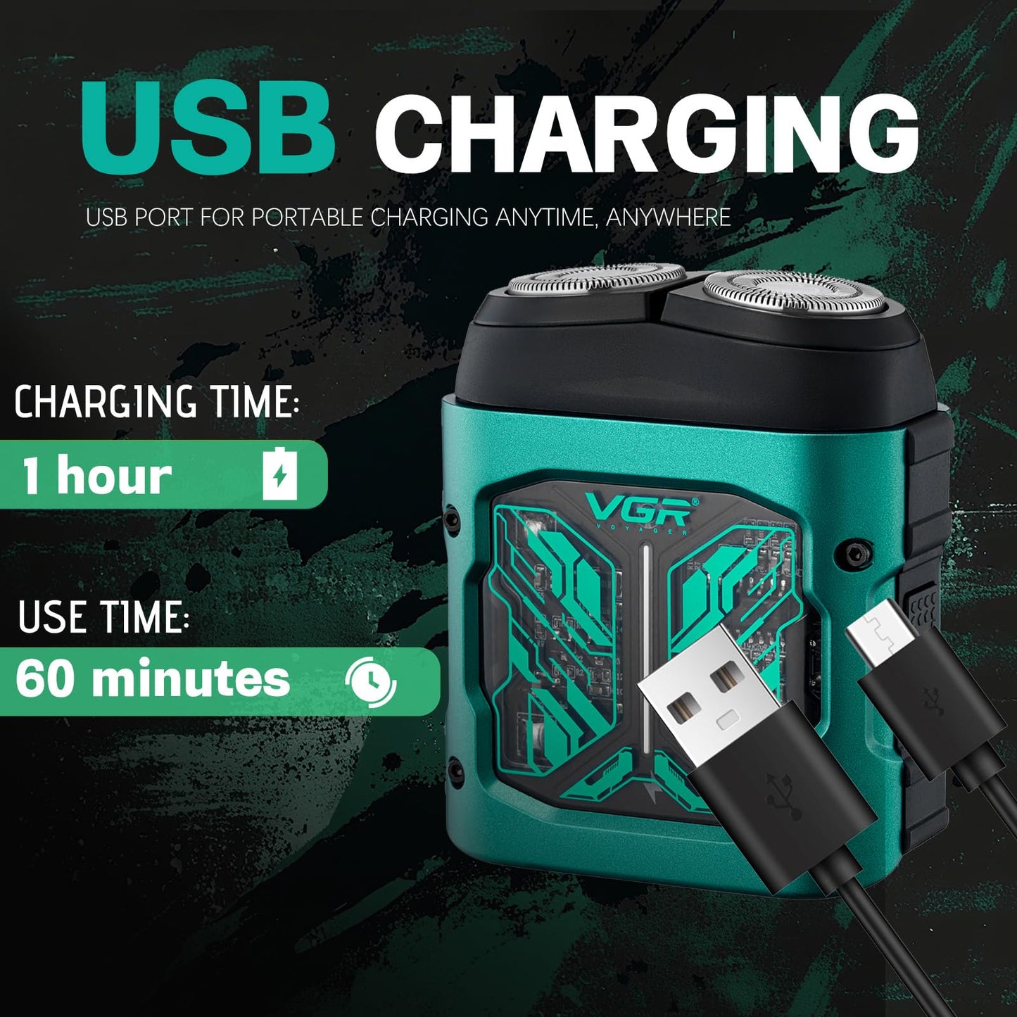VGR 344 Mini Electric Shaver - USB Rechargeable Dual-Ring Rotary Razor, Portable IPX6 Wet/Dry Waterproof Face Shavers for Men, 8000 RPM Travel Electric Razor with Magnetic Cutter, Green