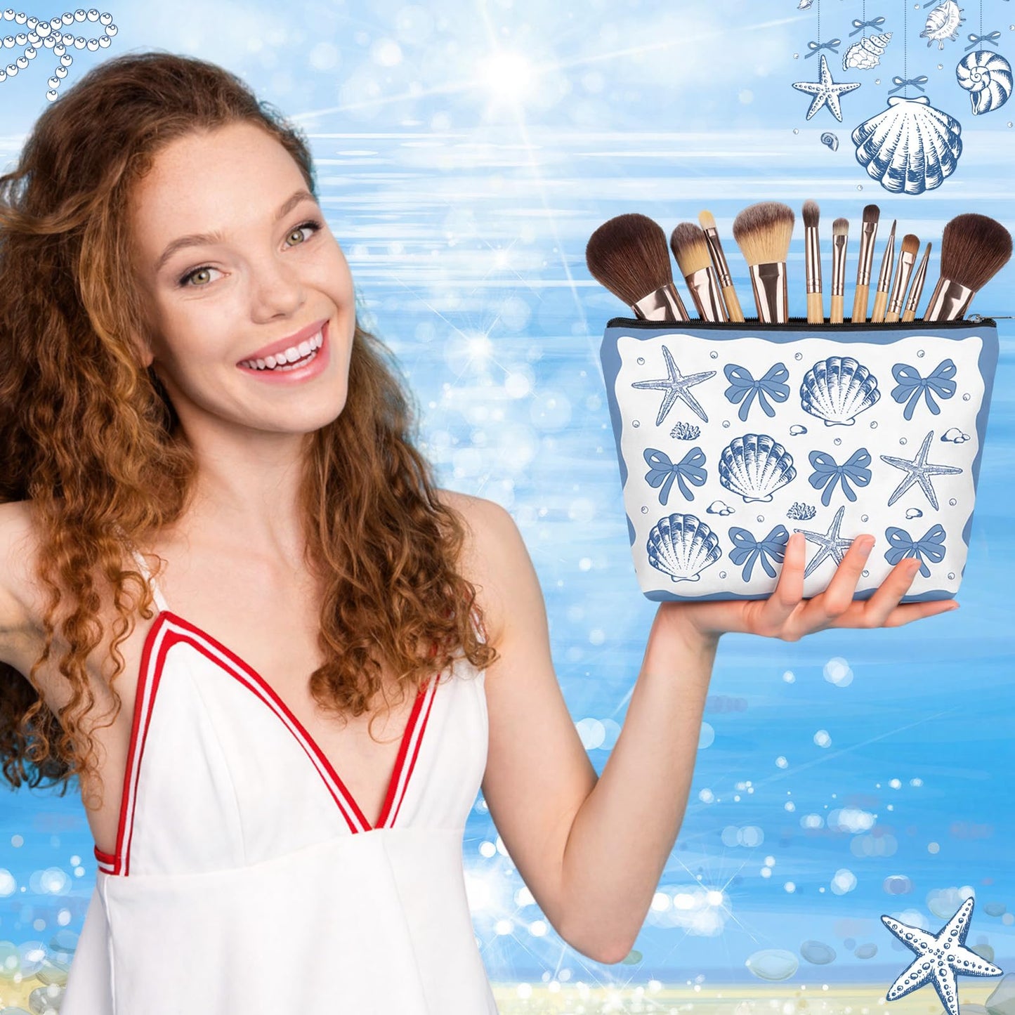 Reginary 12 Pcs Ocean Bow Makeup Bags Beach Gifts for Women Seashell Starfish Cosmetic Bags with Zippers Coquette Aesthetic Pouch Bulk Gifts for Stuff Nautical Party Favors Supplies Travel Accessory