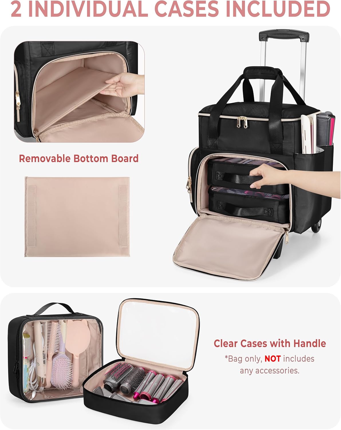 Rolling Hairstylist Travel Bag - Hair Tool Bag with Heat Insulation & 2 Pouches | Black