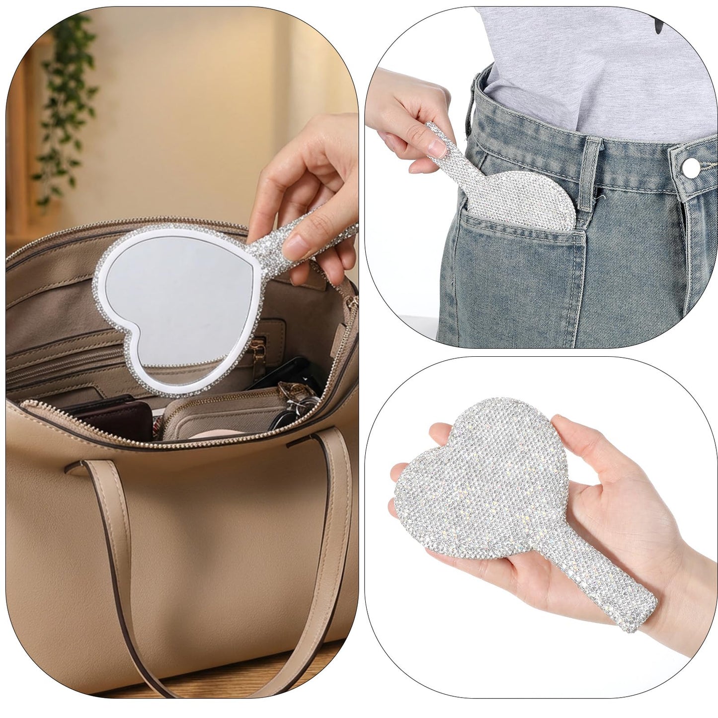 Ouligay Large Heart Handheld Mirror with Handle 6.3x4.3 Inch Glitter Rhinestone Hand Held Mirror Portable Travel Cosmetic Lash Mirror for Women Wedding Birthday Valentine's Day Gift