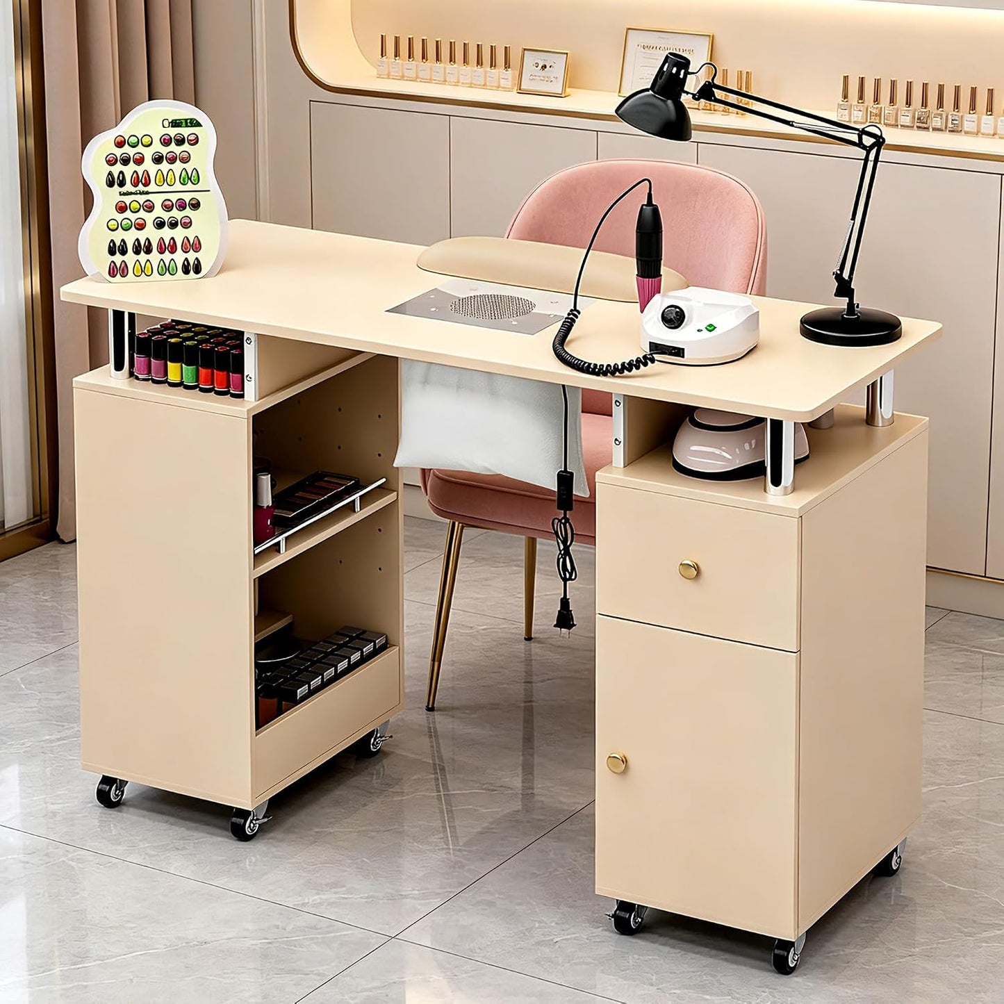 Nail Tech Table - Manicure Desk with Dust Collector, Arm Rest & Wheels | Black Beauty Salon Station