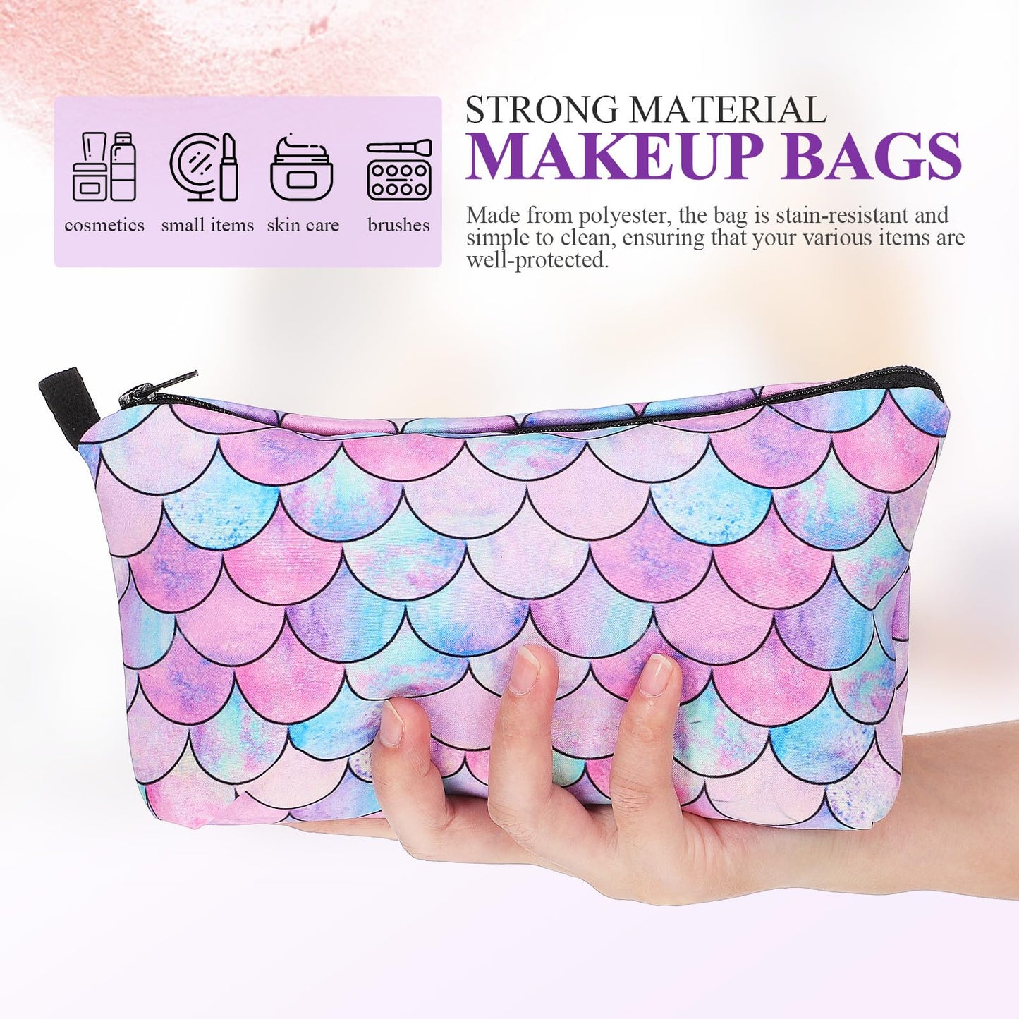 Mermaid Makeup Bag Travel Cosmetic Bag Zipper Pouch Women Cosmetic Organizer for Brushes Toiletry Makeup Pouch Storage Lightweight Wrist Strap 9.05 X 5.51 X 0.19 in