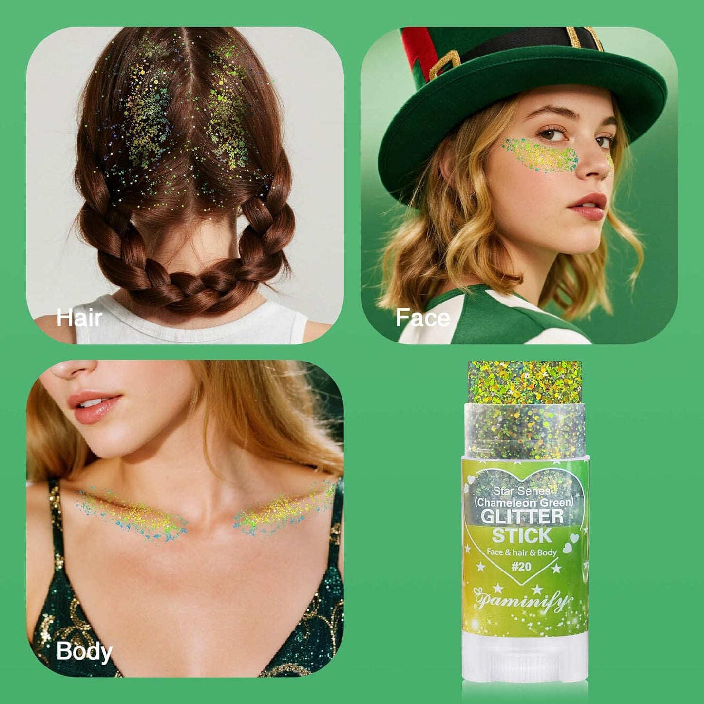 Gold Green Brazil Face Glitter Stick - Waterproof Cheer Makeup for Soccer Games | St. Patrick's Day Rave Accessories
