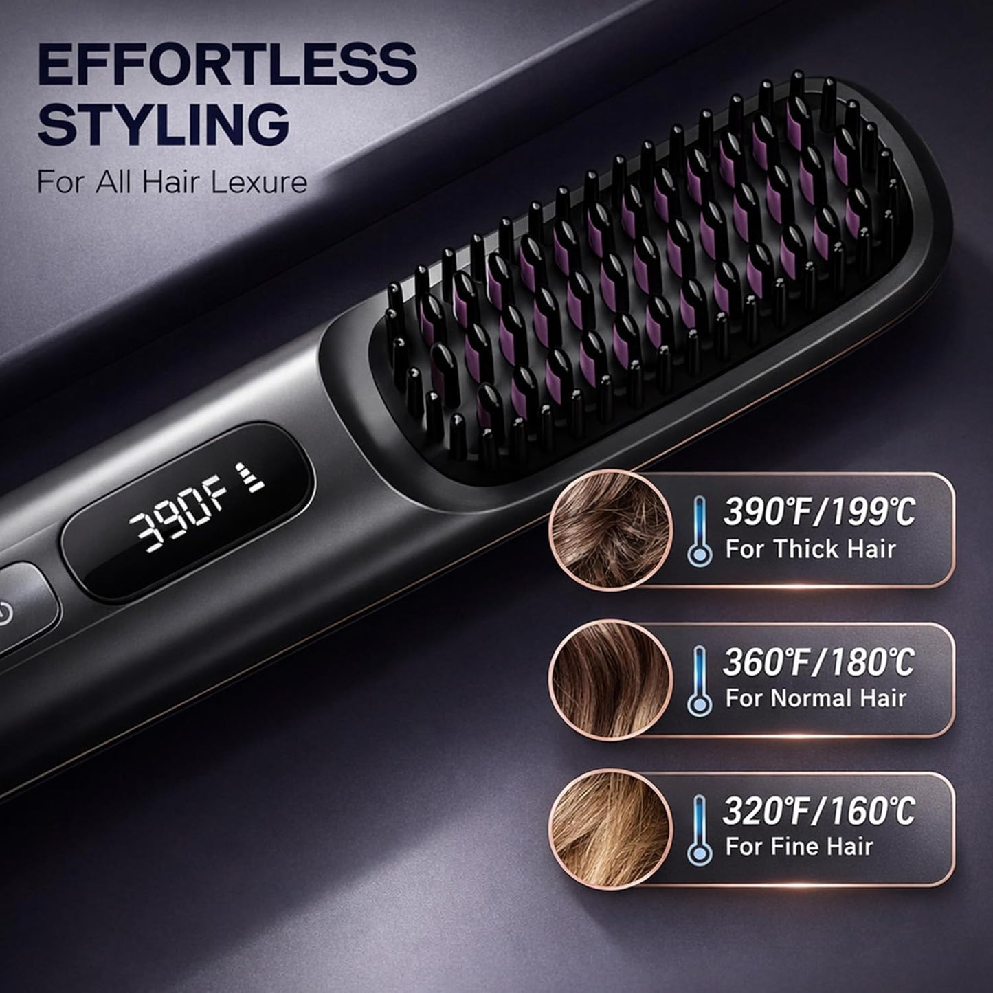 Portable Cordless Hair Straightener Brush - Fast Heat in 30s, 3 Temp Settings | Travel-Friendly Gray Design