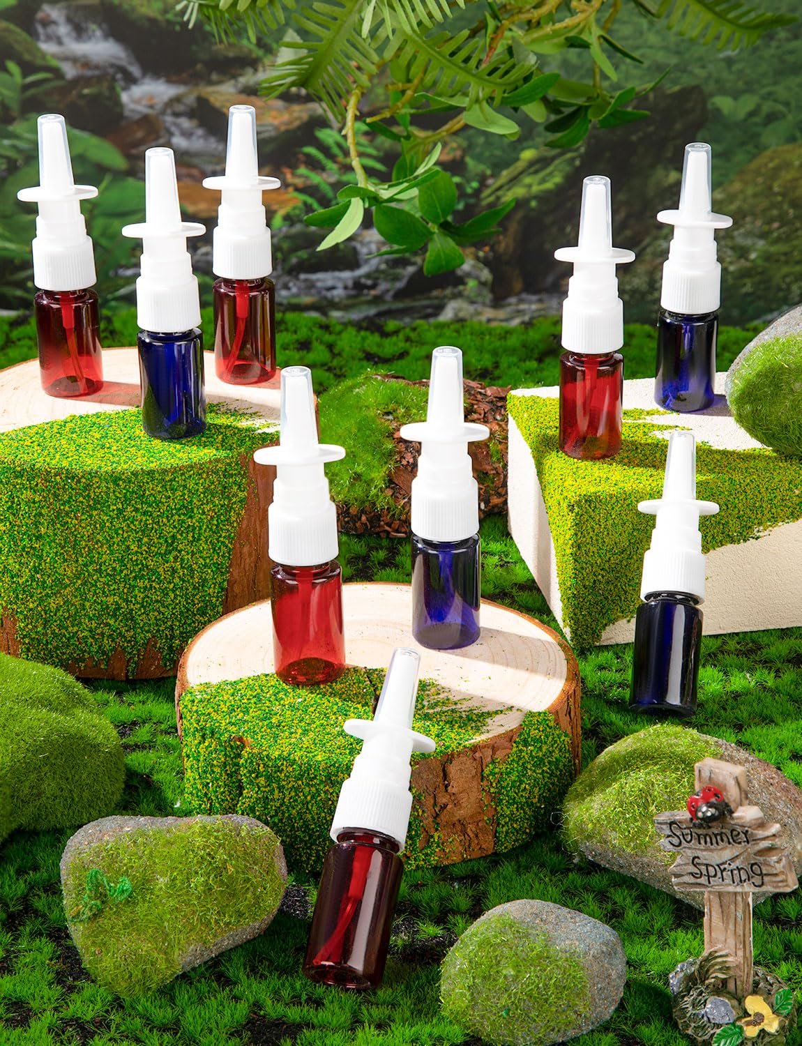 ZHWKMYP 10 Pcs Nasal Spray Bottle, 10ML/0.35OZ 6Pcs Fine Mist Empty Plastic Brown Blue Nose Spray Bottles Refillable with 2 Funnels and 2 Labels