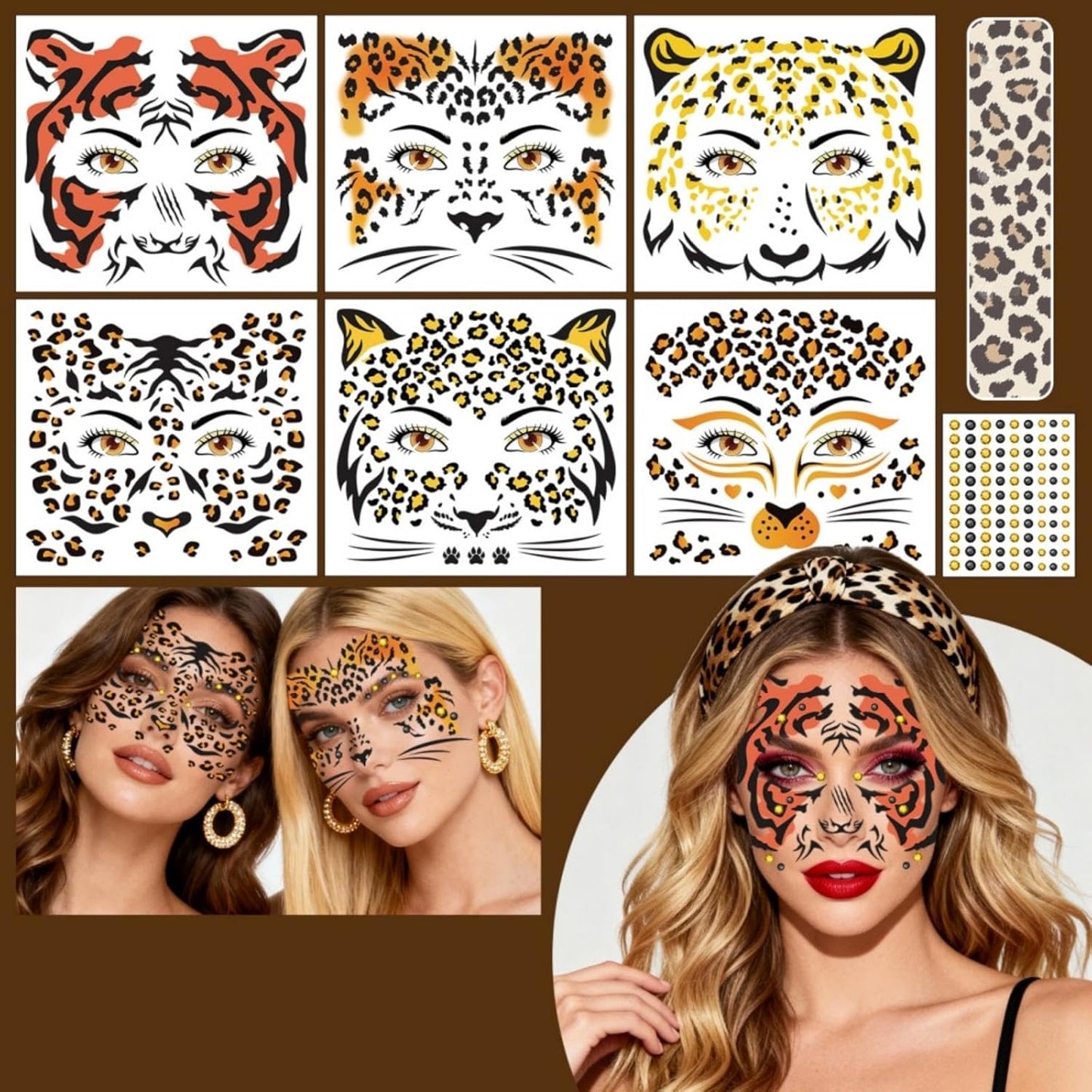 Leopard Print Temporary Tattoos - Realistic Animal Face Stickers | Waterproof Body Art, 6 Sheets
