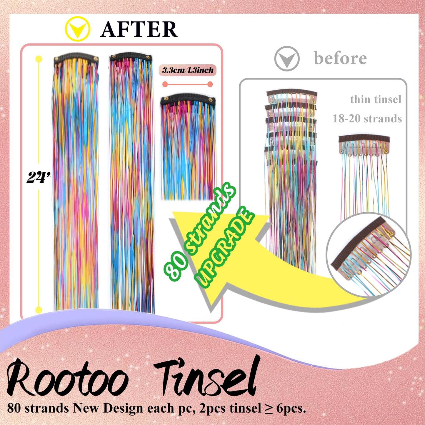 Hair Tinsel Clip in Rainbow Fairy Hair Tinsel Kit, 12 Pcs 24 Inch Glitter Clip in Hair Extensions for Girls Women Kids Christmas New Year Festival Party (Rainbow)
