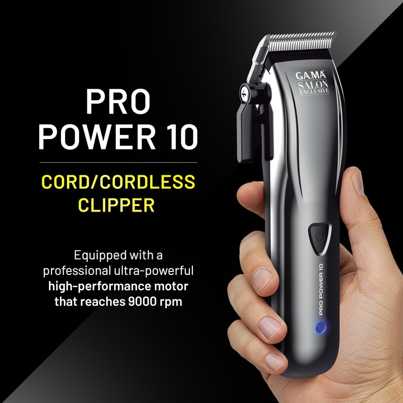 GA.MA Pro Power 10 Hair Clipper, Corded or Cordless, 9000 RPM Motor, DLC-Coated Blades, Lithium Battery, Adjustable Cutting Length