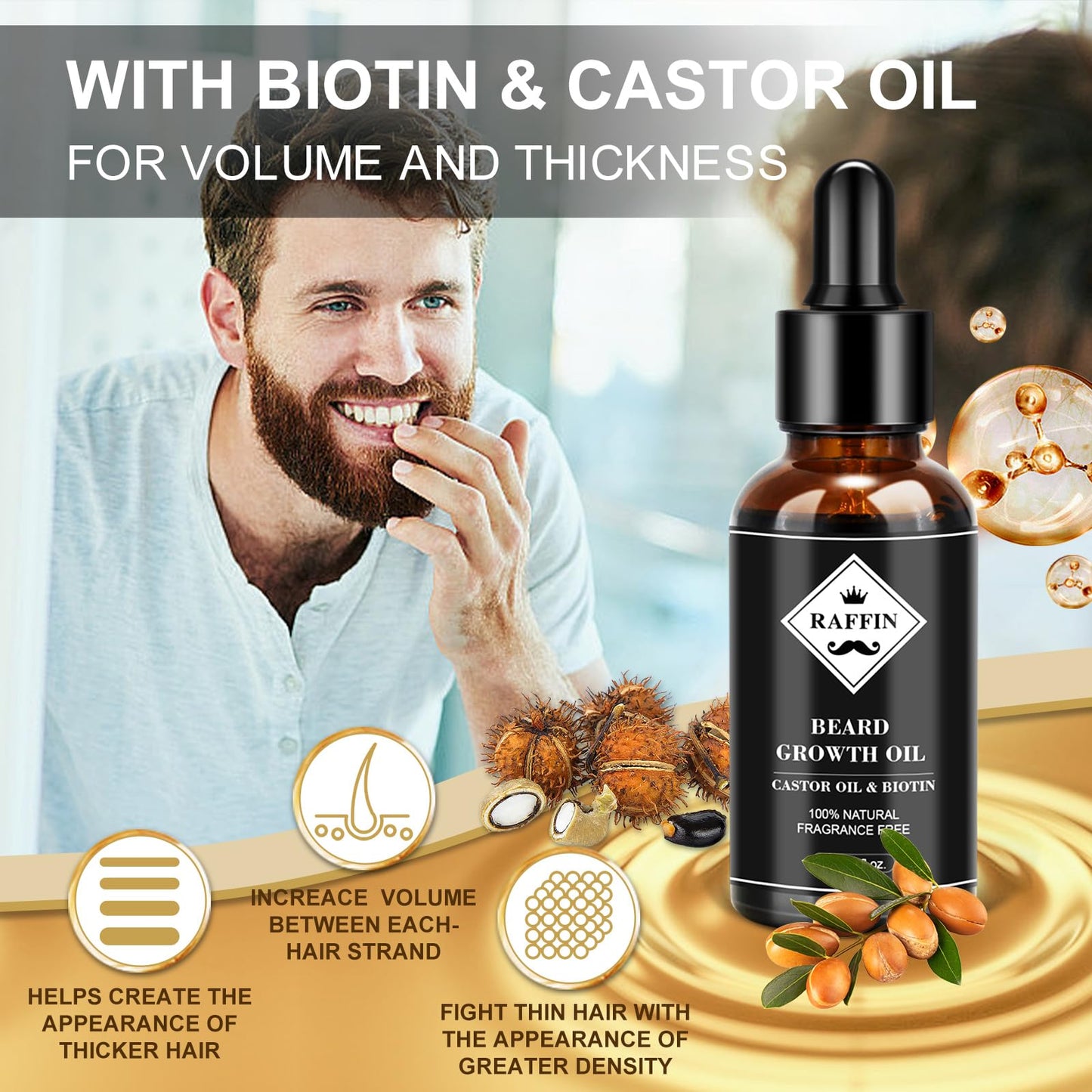 RAFFIN Beard Growth Kit, Beard Growth Oil (2Oz) w/3 X Thickening Biotin & Castor Oil for Spot/Patchy Beard, Achieve Fuller, Thicker, Healthier Beard, Birthday Gifts for Men Him Boyfriend Husband Dad