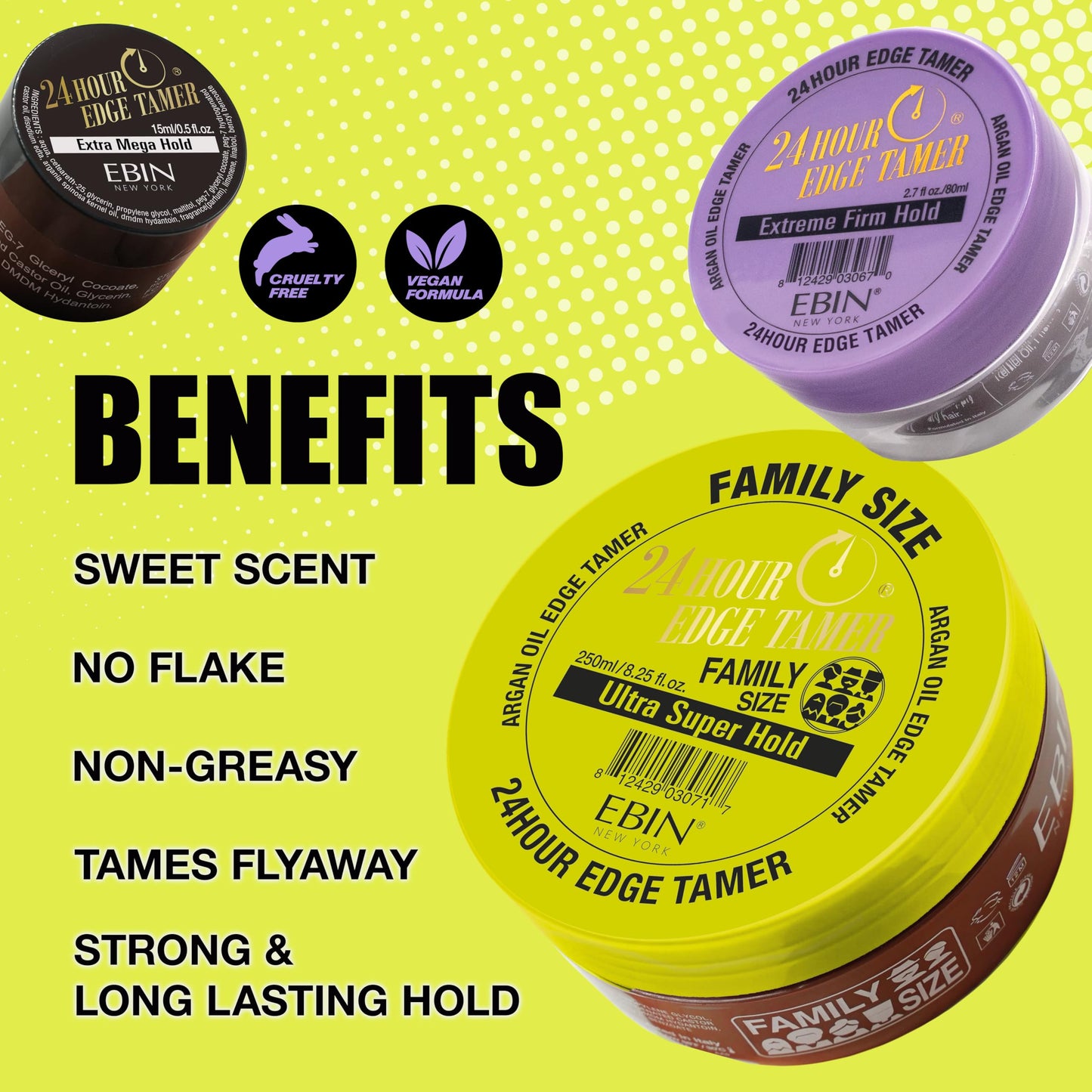 EBIN NEW YORK 24 Hour Edge Tamer, Ultra Super Hold, 8.25 Oz - No Flaking, No White Residue, Shine and Smooth texture with Argan Oil and Castor Oil