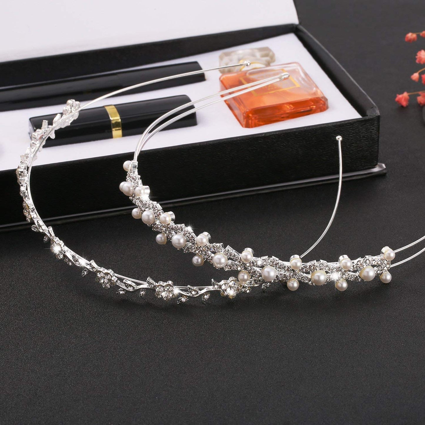 Pangda 2 Pieces Flower Headband for Women Thin Flower Headbands Wedding Headpiece Tiara Hair Accessories Rhinestone Crystal Bands Pearl Leaves Crown for Bridal Bridesmaids Prom First Communion