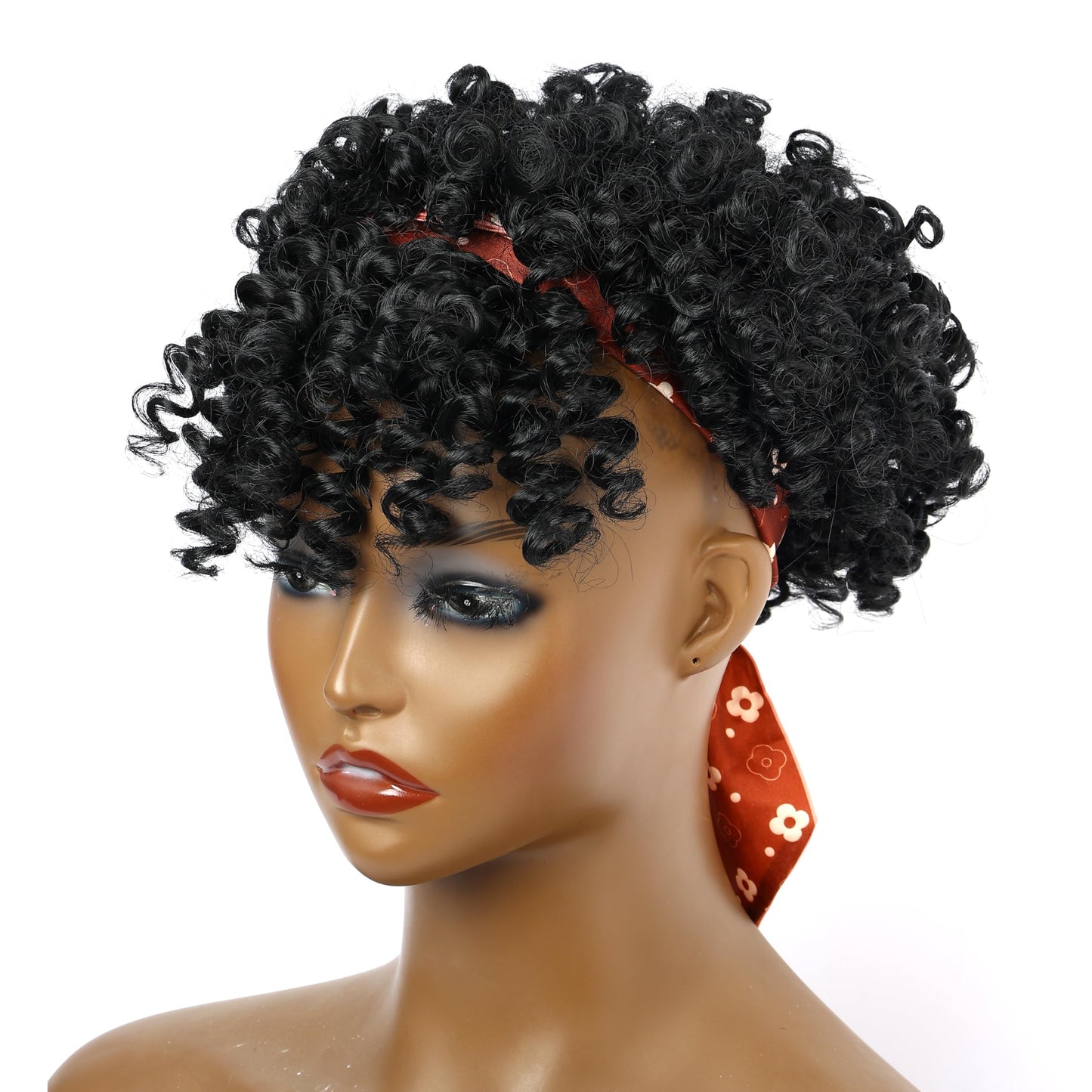Servintha Afro Puff Drawstring Ponytail with Bangs for Black Women Kinky Curly Ponytail Extension Natural Black Short Pony Tail Hair Extension Synthetic Fake Hair Pieces 1B Color