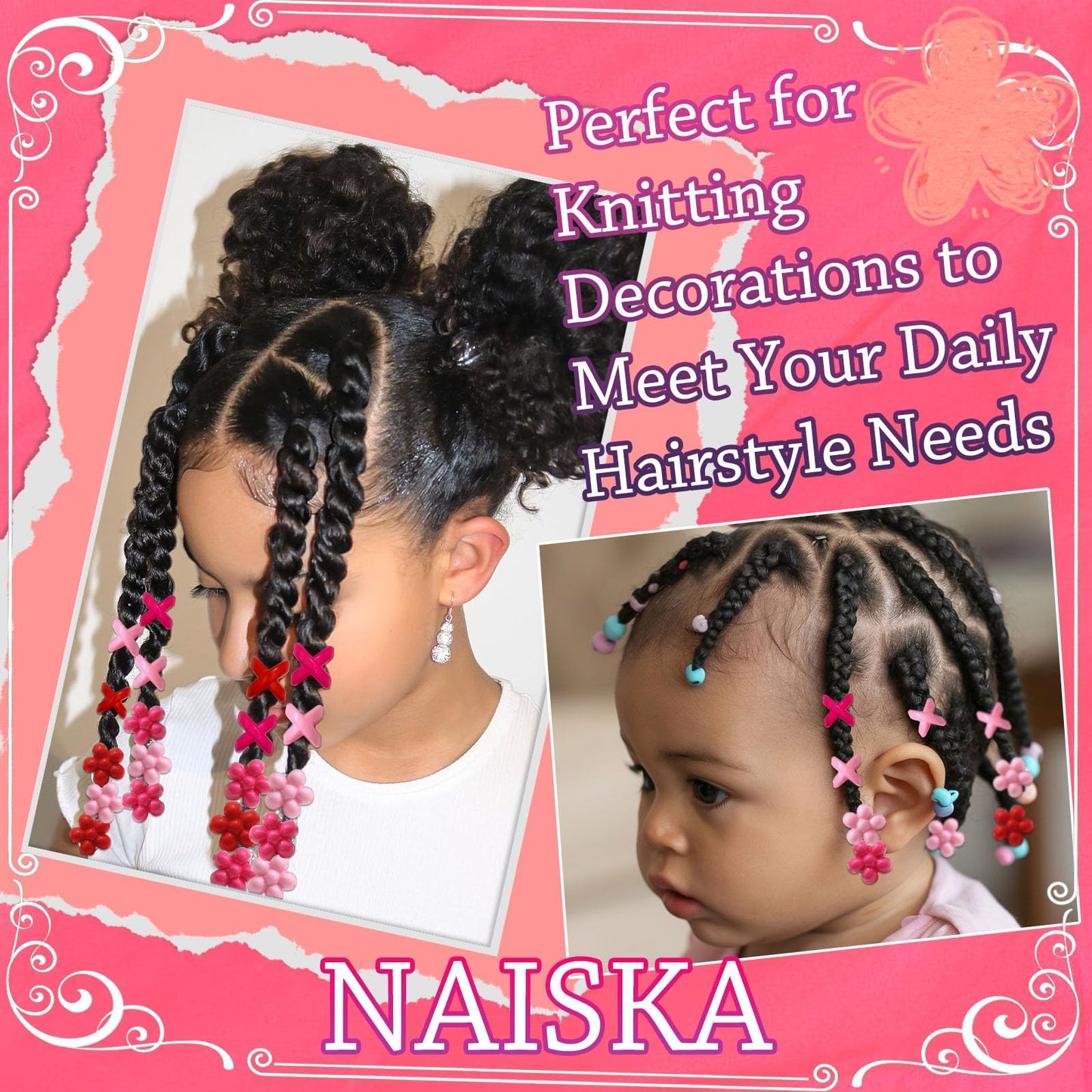 NAISKA 60PCS Pink Hair Beads for Braids Hot Pink Bead Loc Dreadlock Jewelry Multi-style Large Hole Beads Cute Flower Valentine's Day Hair Accessories for Kids Girls