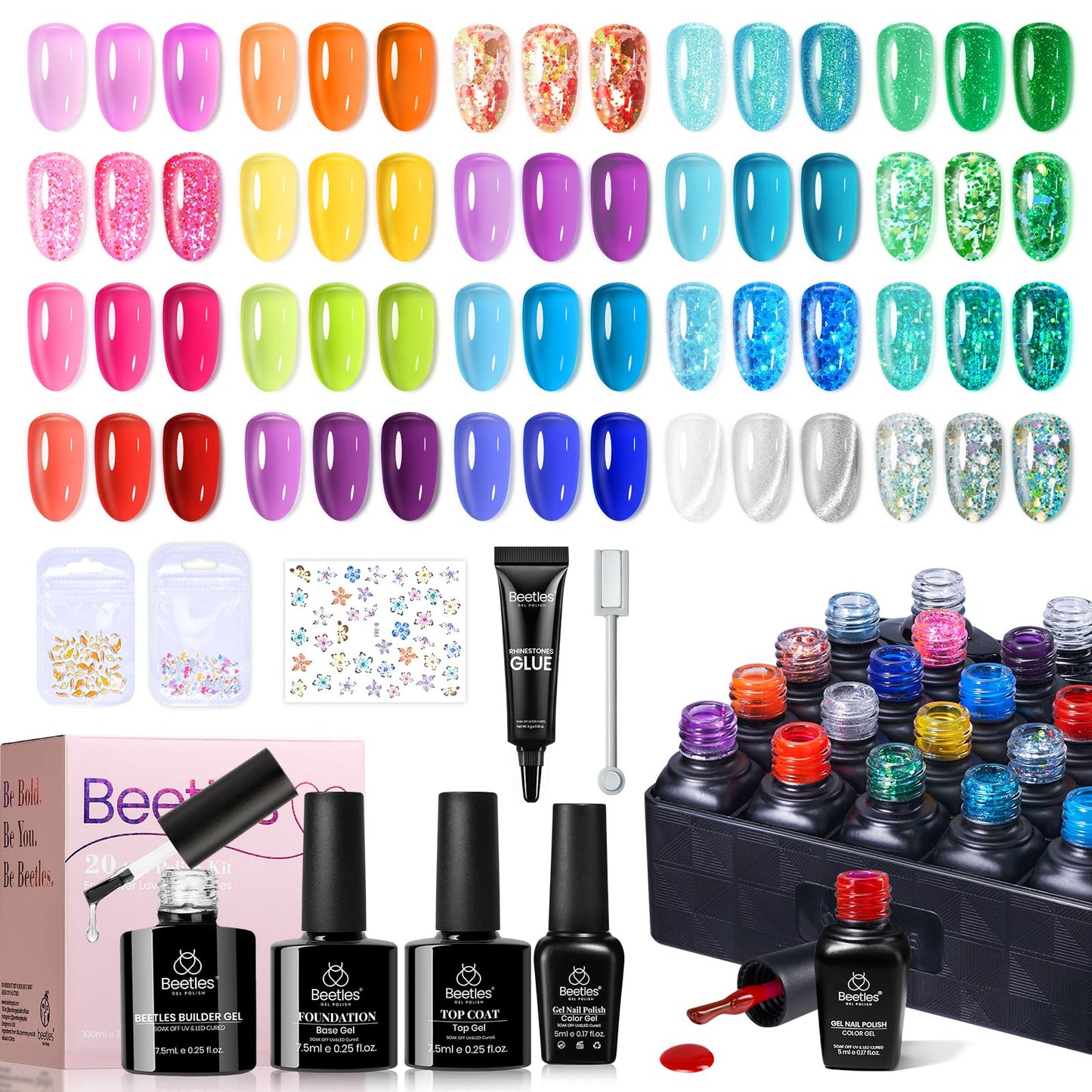 Beetles Jelly Gel Nail Polish Set - 20 Colors Summer Neon Rainbow Pink Yellow Purple Glitter Gel, Soak Off UV LED Gel Nail Kit with Base Matte Top Coat DIY Nail Art Gift for Women