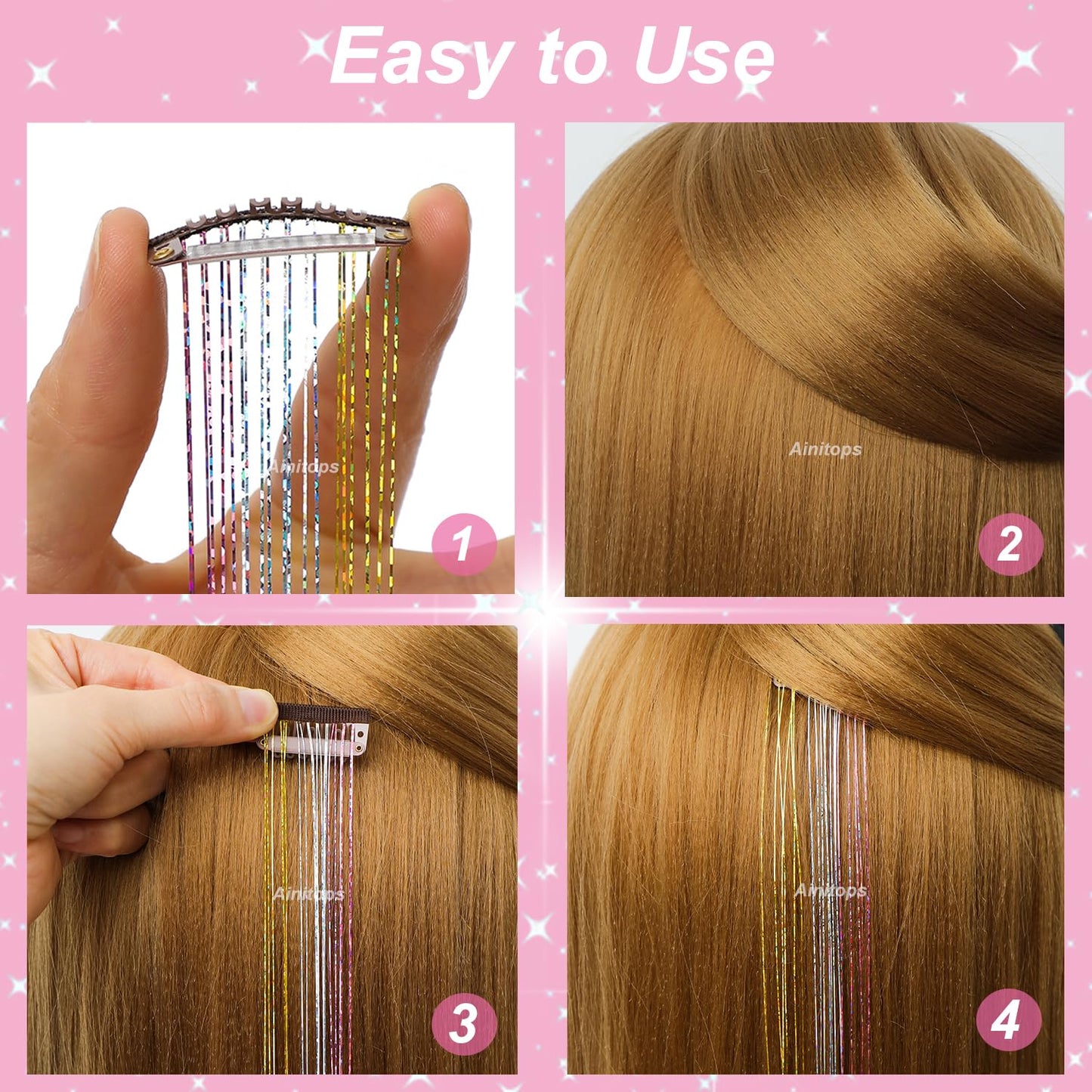 12Pcs Hair Tinsel Clip in Glitter Tinsel Hair Extensions 19.6Inch Clip in Hair Tinsel Kit Heat Resistant Shiny Sparkly Fairy Hair Accessories for Women Girls (Rainbow)