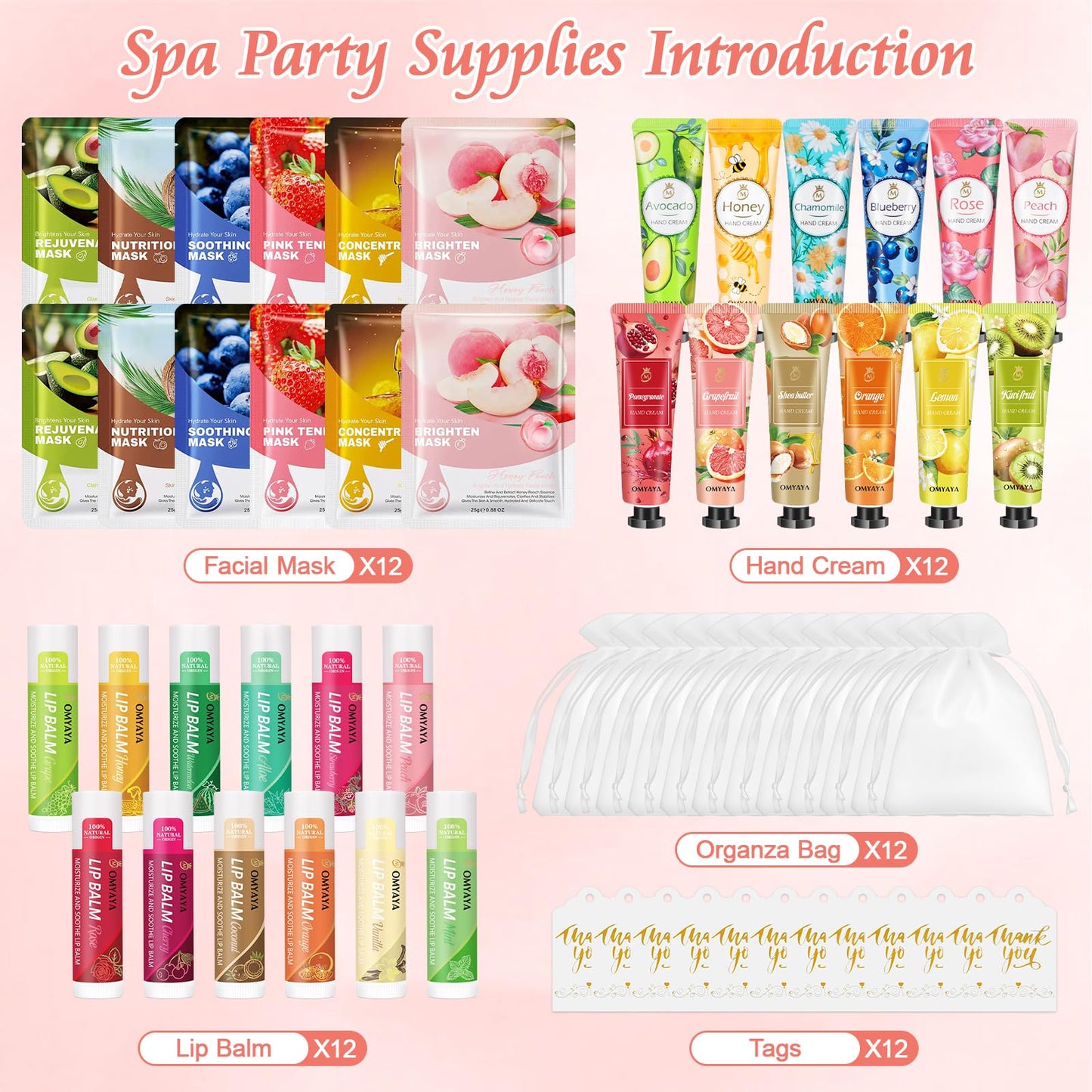 12 Sets Bulk Gifts for Women, Face Masks Skincare Hand Cream Lip Balm Spa Set with Thank You Card Organza Bag for Bridal Wedding Birthday Party Favors Nurse Teacher Appreciation Gifts Mothers Day Gift