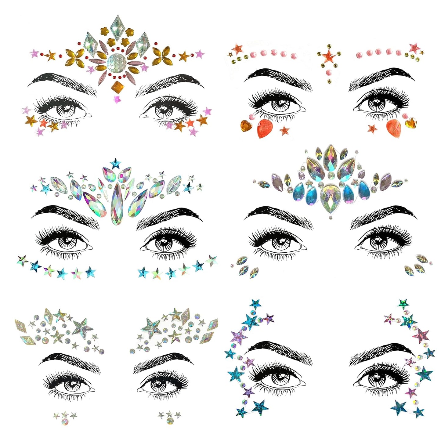 Gemstone Face Stickers - 8 Pcs Rhinestone Face Jewels for Festivals | Halloween & Christmas Party Decor