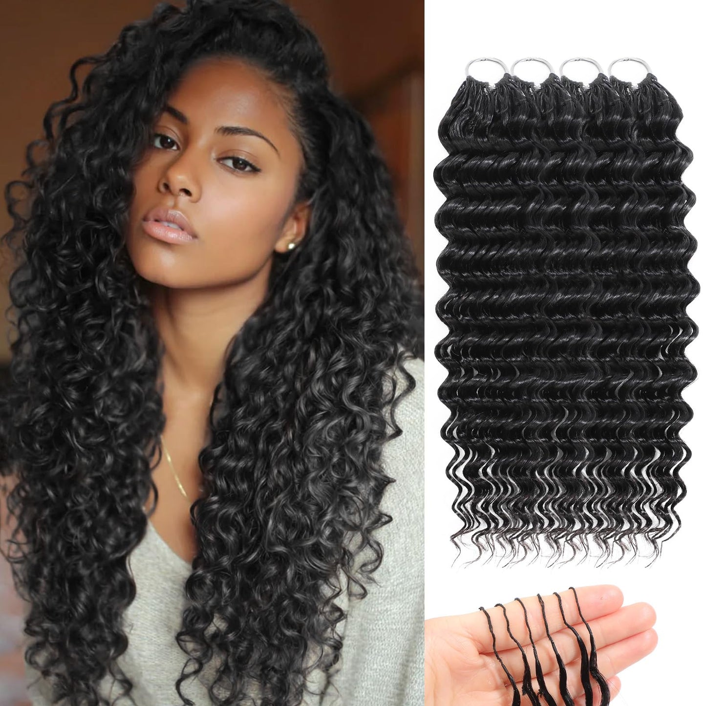 Human Crochet Hair for Black Women 20 Inch 120g Miracle Knots Hair Deep Wave Feather Crochet Human Hair Bundles Invisible Boho Crochet Hair Extensions Natural Black