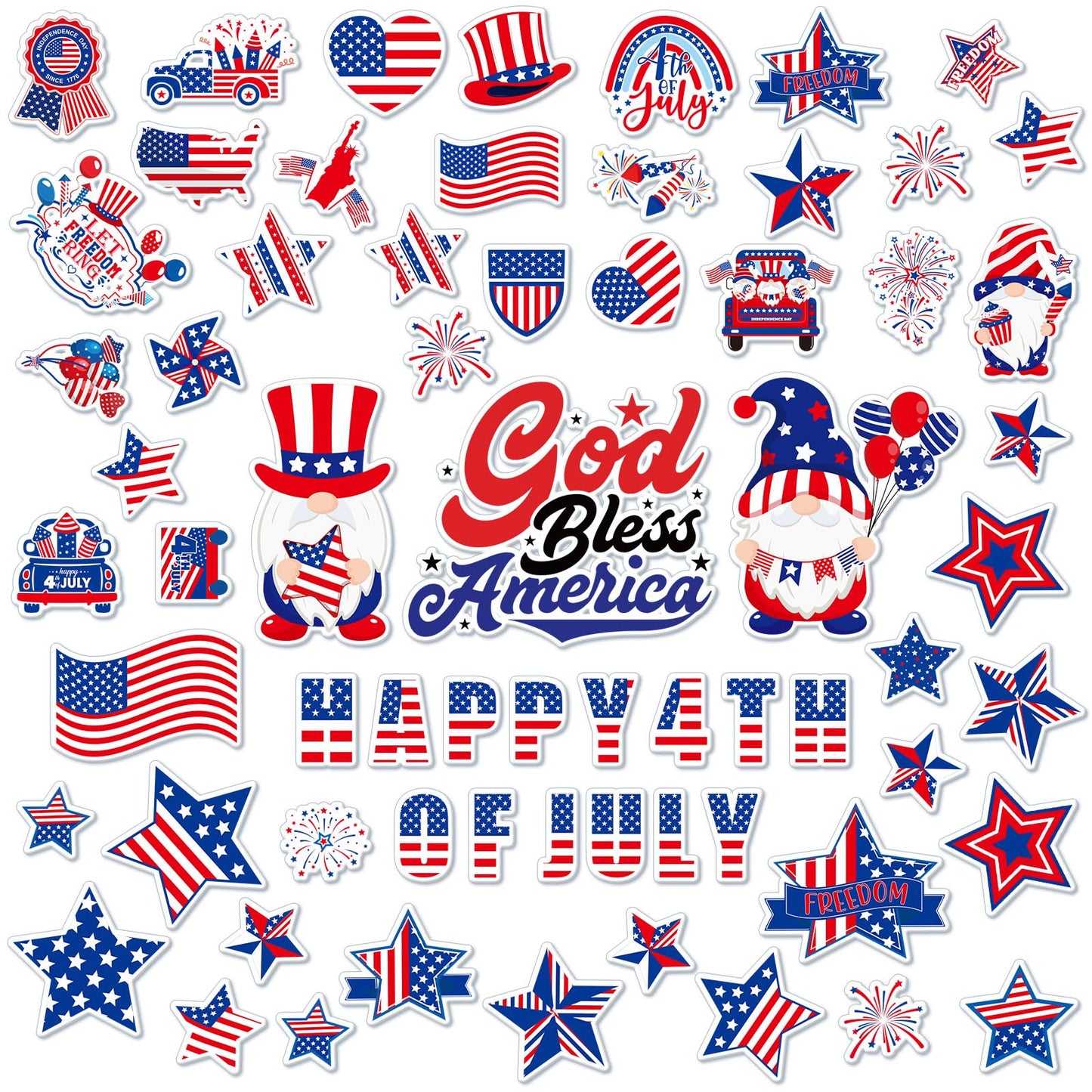 Tellingyou 65 Pcs 4th of July Gel Window Clings Patriotic Stickers Decals Red Blue White American Star Flag Clings for Independence Day Home